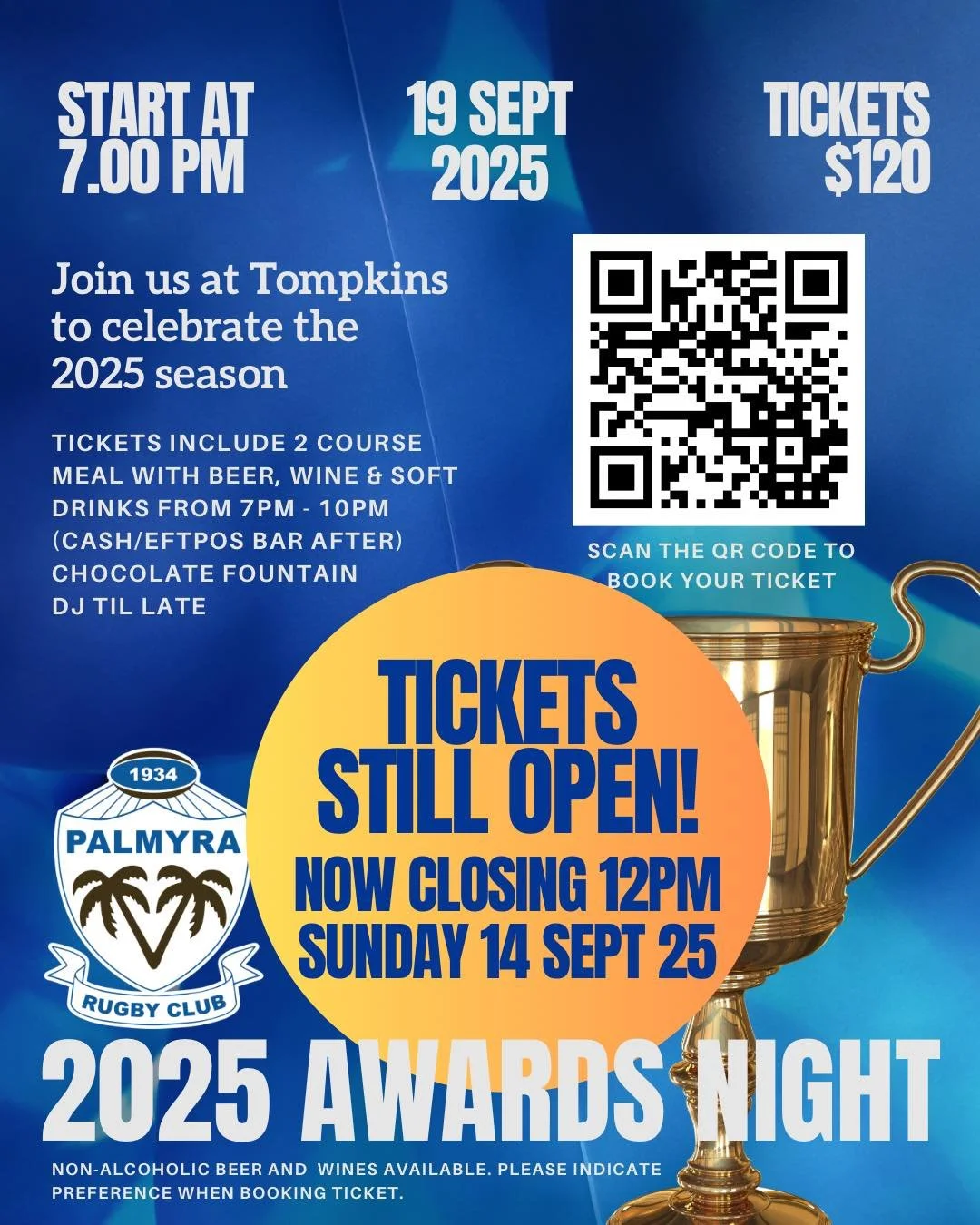 HURRY GET YOUR TICKETS NOW!!!!!
TICKET SALES CLOSE 12PM THIS SUNDAY!
🏆💙🤎 PALMYRA SENIORS PLAYERS AWARDS NIGHT 💙🤎🏆
👔👗Get your best Pally outfits ready!🎉
🌴Join us at Tompkins to celebrate the 2025 season 🌴
19 SEPT 2025 - TICKETS $120
🎫 T