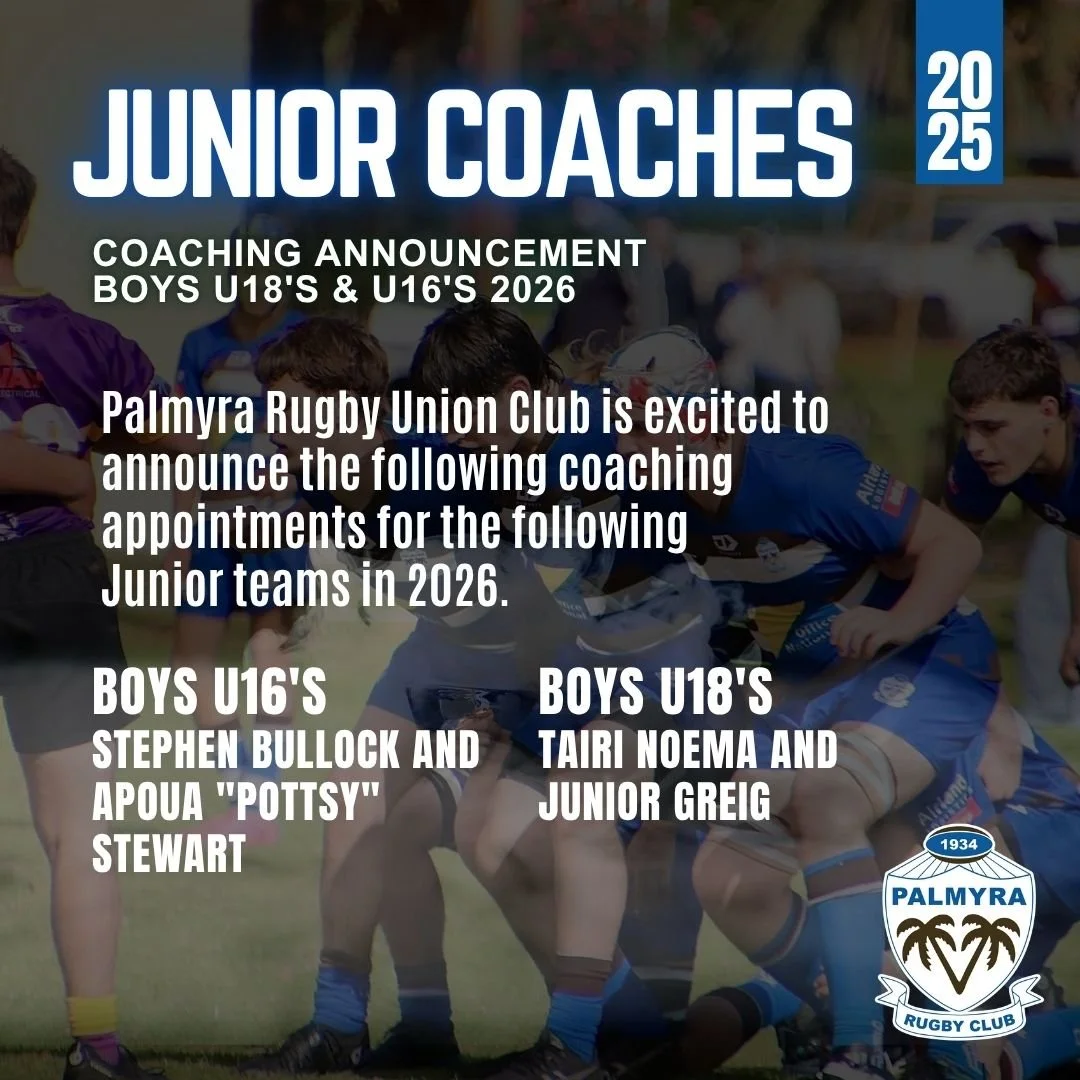 🌴🏉 Boys U18's & U16's 2026 Coaching Announcements 🏉🌴
Palmyra Rugby Union Club is excited to announce the following coaching appointments for the following Junior teams in 2026.
Boys U18's
Tairi Noema and Junior Greig
Tairi brings a wealth