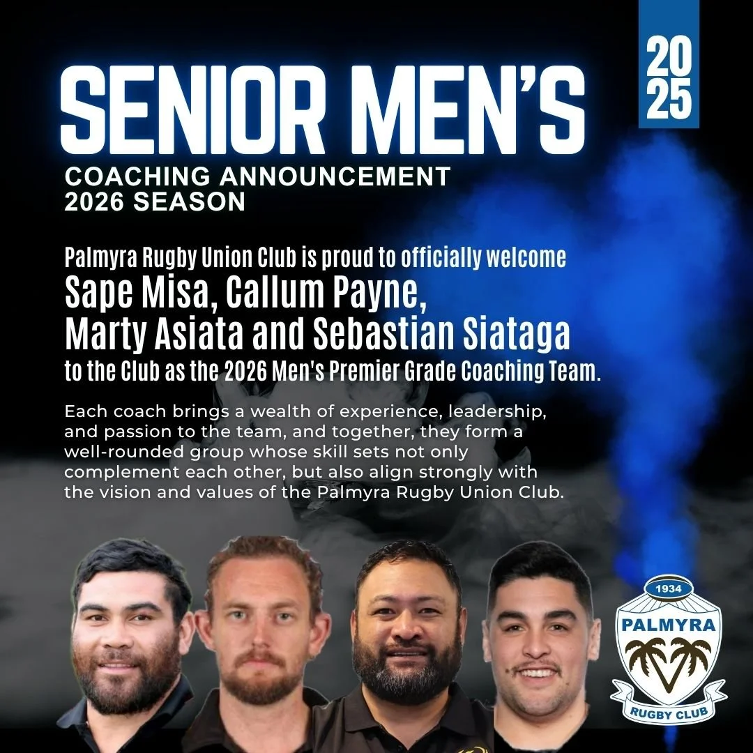 🌴🏉 Welcome to the 2026 Men's Premier Grade Coaching Team 🌴🏉
Palmyra Rugby Union Club is proud to officially welcome Sape Misa, Callum "Sheep" Payne, Marty Asiata, and Sebastian Siataga to the Club as the 2026 Men's Premier Grade Coachi