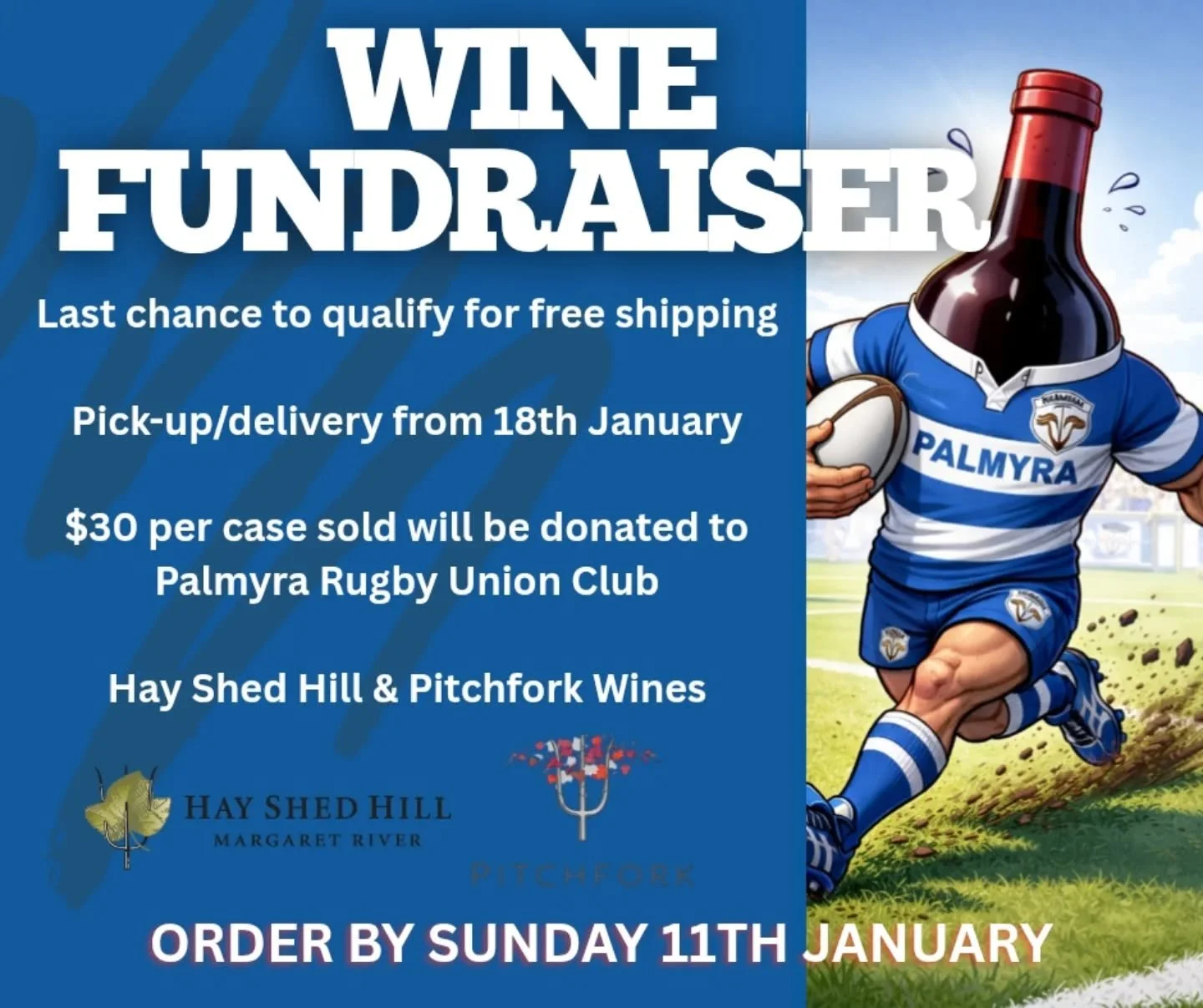 🍷 Palmyra Rugby Union Club &ndash; 2026 Wine Fundraiser 🍷 

Support Palmyra Rugby Union Club as we prepare for the 2026 season by purchasing premium wines from Hay Shed Hill and Pitchfork Wines at exclusive fundraiser pricing. 

✔️ $30 from every d