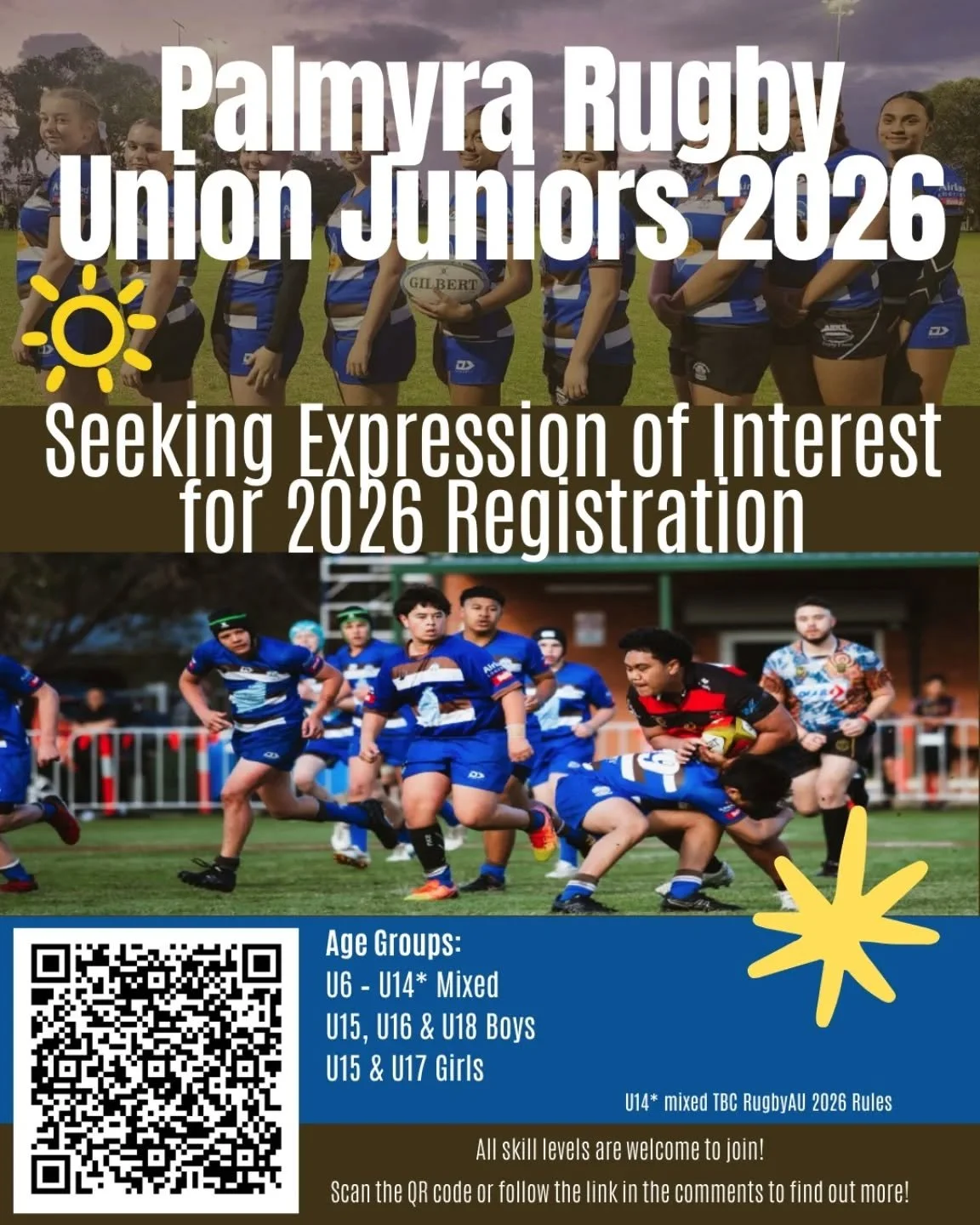 🏉 Juniors Rugby EOI &ndash; 2026 🏉 

Palmyra Rugby Union Juniors are now taking Expressions of Interest for the 2026 season! 

All skill levels welcome 🙌 

Age Groups:
U6&ndash;U14 Mixed 
U15, U16 &amp; U18 Boys 
U15 &amp; U17 Girls 

🔗 Register 