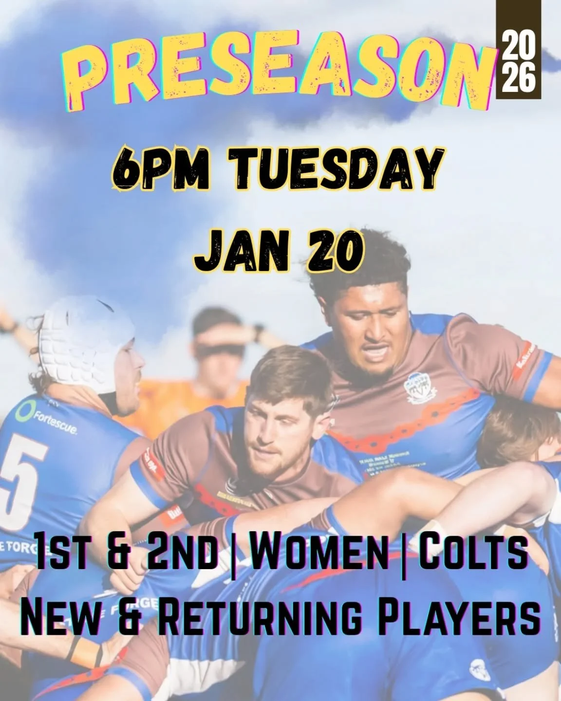 Preseason is here. Dust off your boots. 

All players interested in Women&rsquo;s, Colts, 2nds or 1sts for the 2026 season. 

Meet at the club house for a 6pm start. 

🕕Tuesday 20th January | 6pm

📍 Palmyra Rugby Union Club, Tompkins Park Corner of