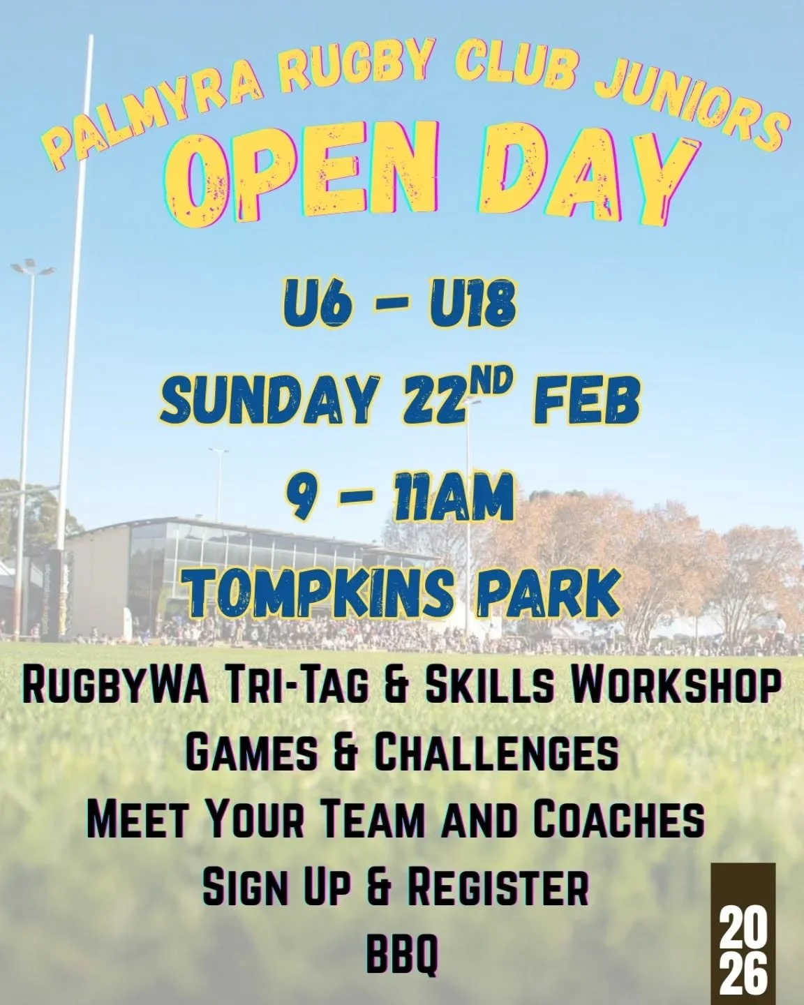 🏉 Palmyra Rugby Club Juniors &ndash; Open Day! 🏉

We&rsquo;re excited to welcome juniors U6 to U18 to Palmyra Rugby Club for our Open Day on Sunday 22nd February, 9:00&ndash;11:00am at Tompkins Park!

👉 Rugby WA will be on site running a Tri Tag R