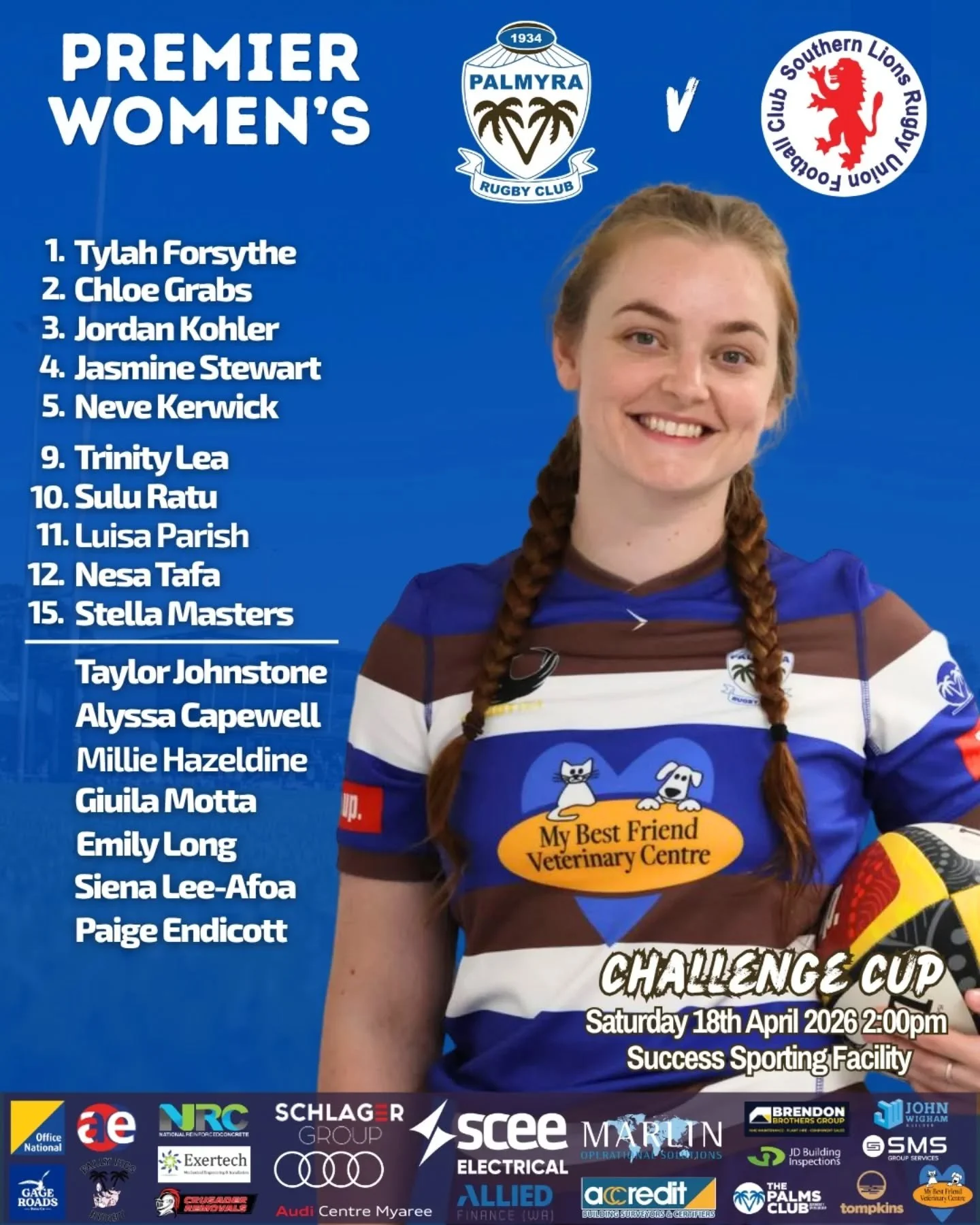 Your Senior teams for Round 2 🔥

Our Women take on Southern Lions in a 10-a-side Challenge Cup clash at Success Sporting Facility.

All Senior Men are back home at The Oasis hosting UWA.

Colts team list TBC.

#rock #upthepalms #PalmyraRugby #RugbyW