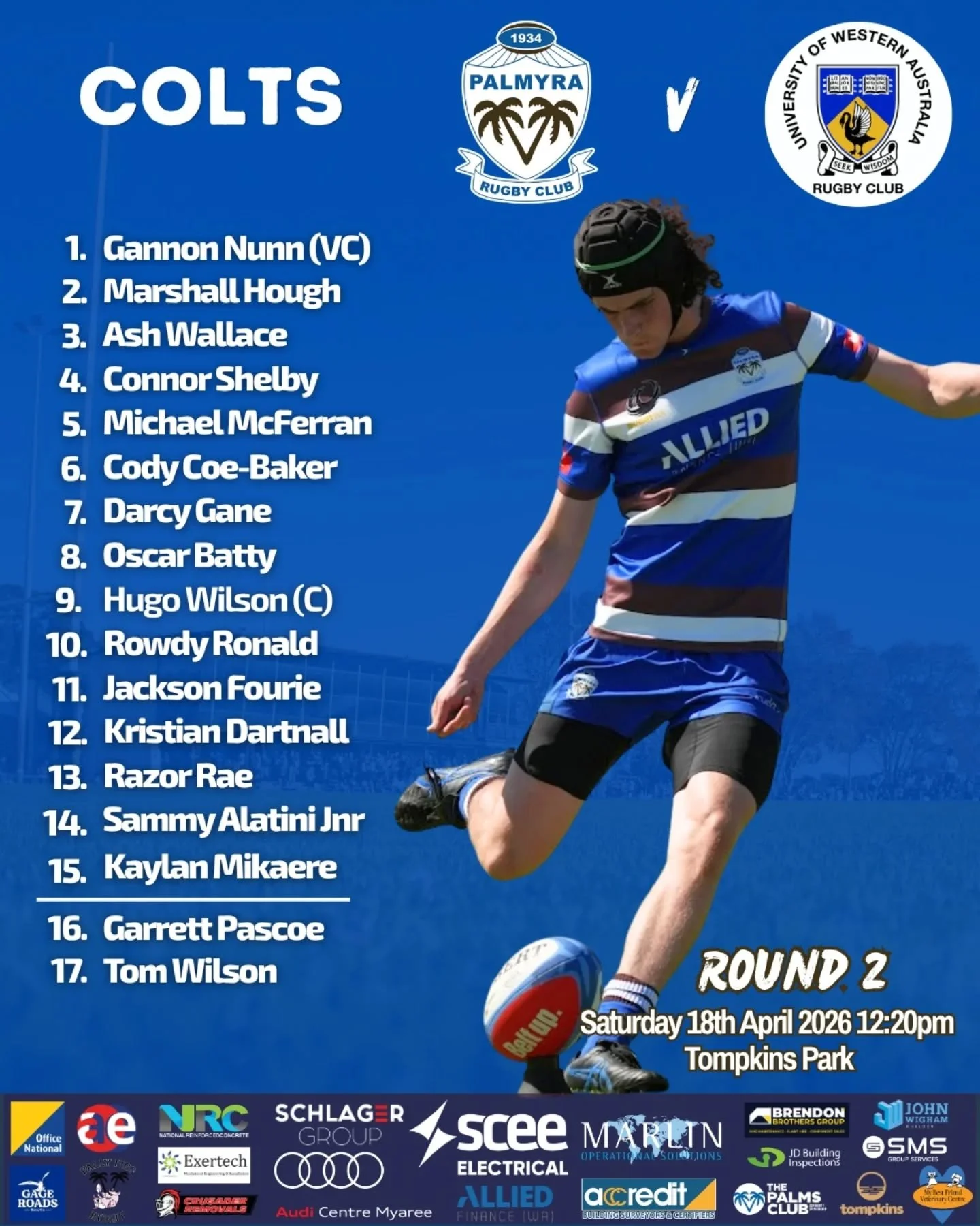 Rounding out our Senior teams for the weekend, our Colts to take on UWA. 

#upthepalms #rock #palmyrarugby #rugbywa