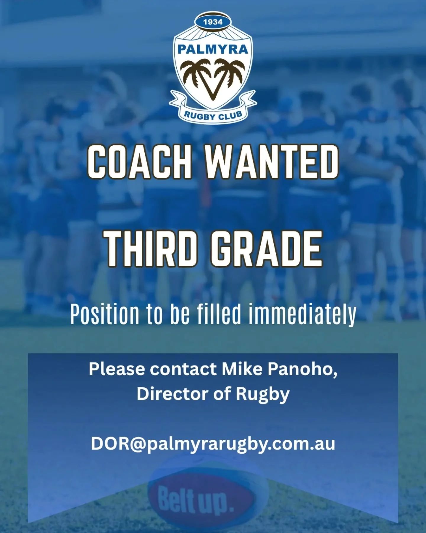 Pally is on the hunt for a Third Grade Coach to join us immediately.

If you&rsquo;re keen to get involved, we&rsquo;d love to hear from you.

Contact Mike Panoho to enquire.
DOR@palmyrarugby.com.au 

#PalmyraRugby #UpThePalms #rock
