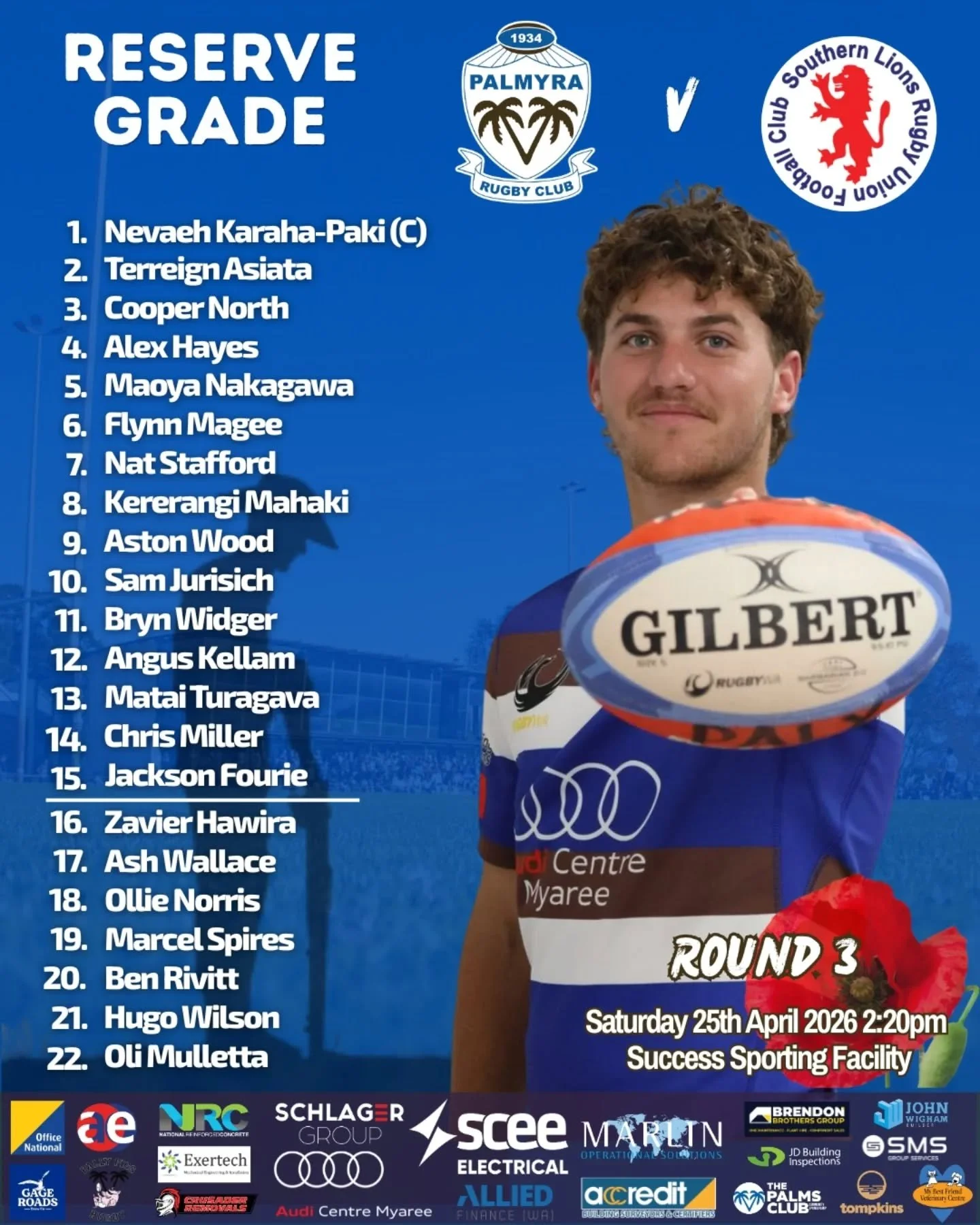 Your Senior Men's teams take on Southern Lions at Success Sporting Facility for the ANZAC Day round.

Our Premier Women return next week for Round 1.

#ANZACDay #UpThePalms #PalmyraRugby #RugbyWA #rock