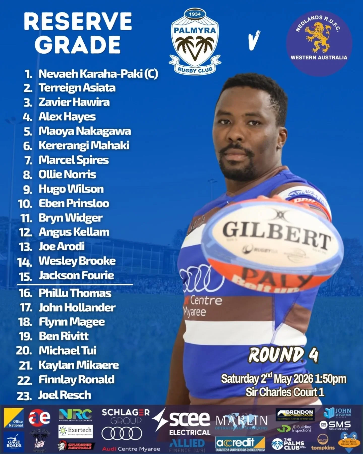 Your Reserve Grade side set to take on Nedlands at Sir Charles Court this weekend.

All Senior Men&rsquo;s teams head across the river ready to challenge Nedlands in a huge day of rugby.

Colts and Thirds team lists TBC.

#rock #UpThePalms #PalmyraRu