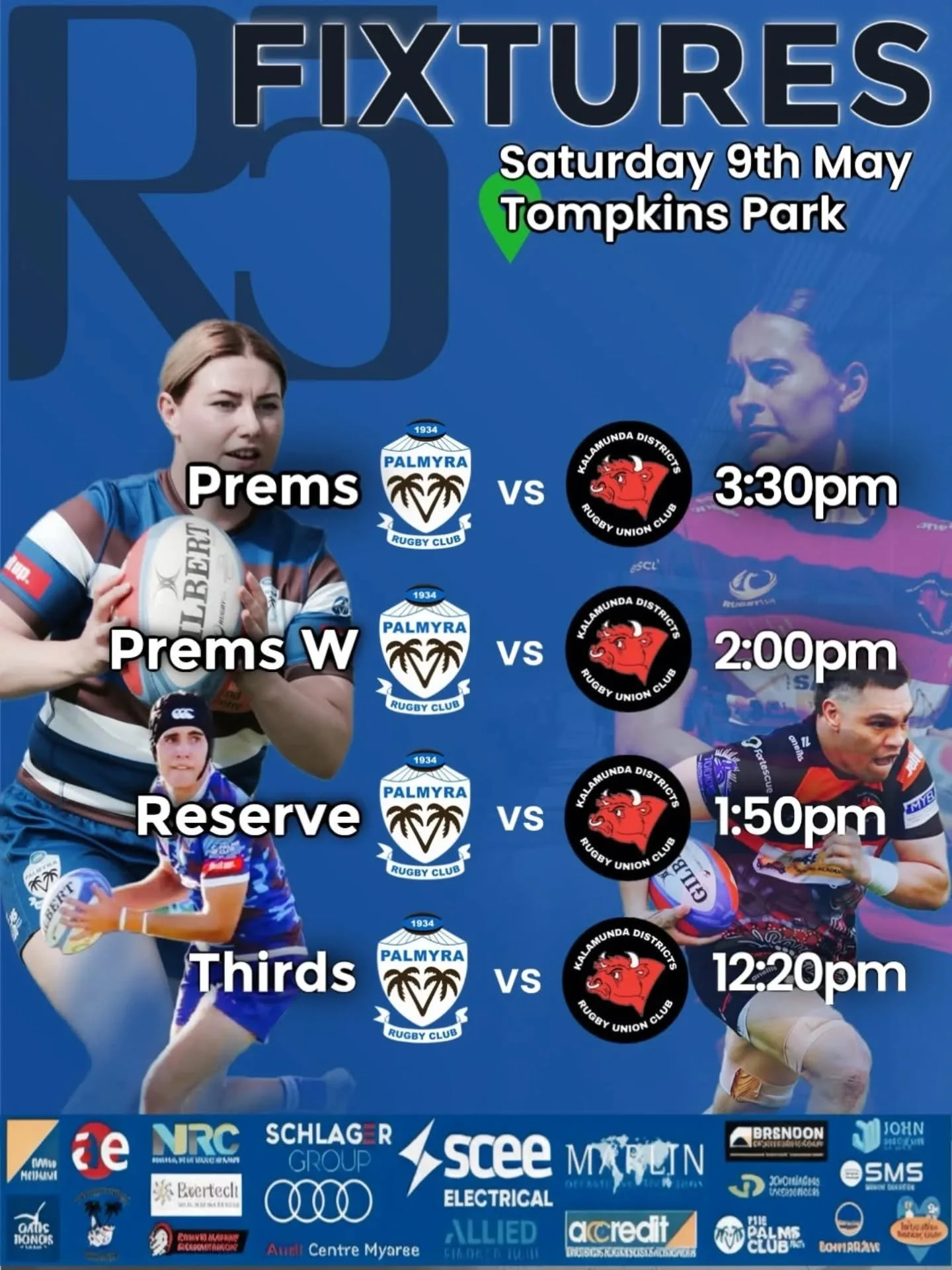 Round 5. 🏉

Our Senior teams will be playing at home as we take on Kalamunda this weekend. Colts have the bye. 

Get down to support our Palmyra Women and Men as they look to put on a show at home.

#rock #womeninrugby #rugbywa #UpThePalms #palmyrar