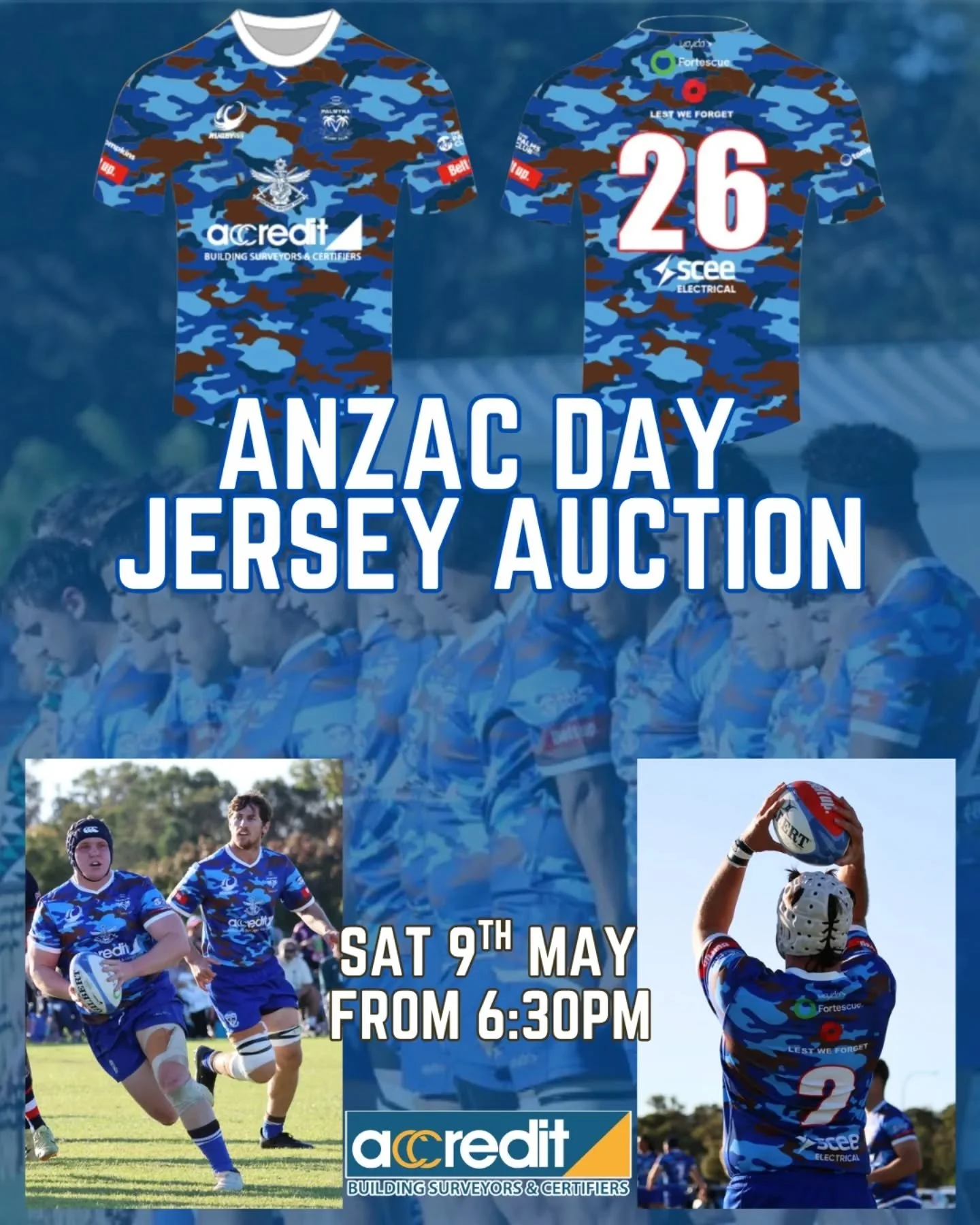Lots happening down at the club this weekend.

Our limited edition 2026 ANZAC Day jerseys will be auctioned off after the First Grade game at approximately 6:30pm - 7:00pm &mdash; your chance to take home a special piece of Palmyra Rugby history.

Ou