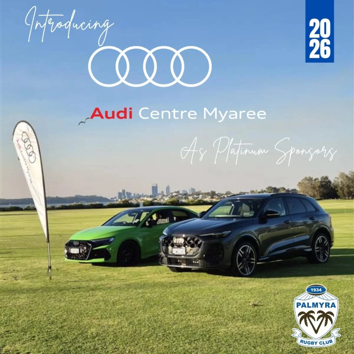 New Platinum Sponsor Announcement!
 
We are thrilled to announce that Audi Centre Myaree has joined the Palmyra Rugby Union Club family as a Platinum Sponsor for the 2026 season!
The iconic Audi four rings emblem now takes pride of place on the front