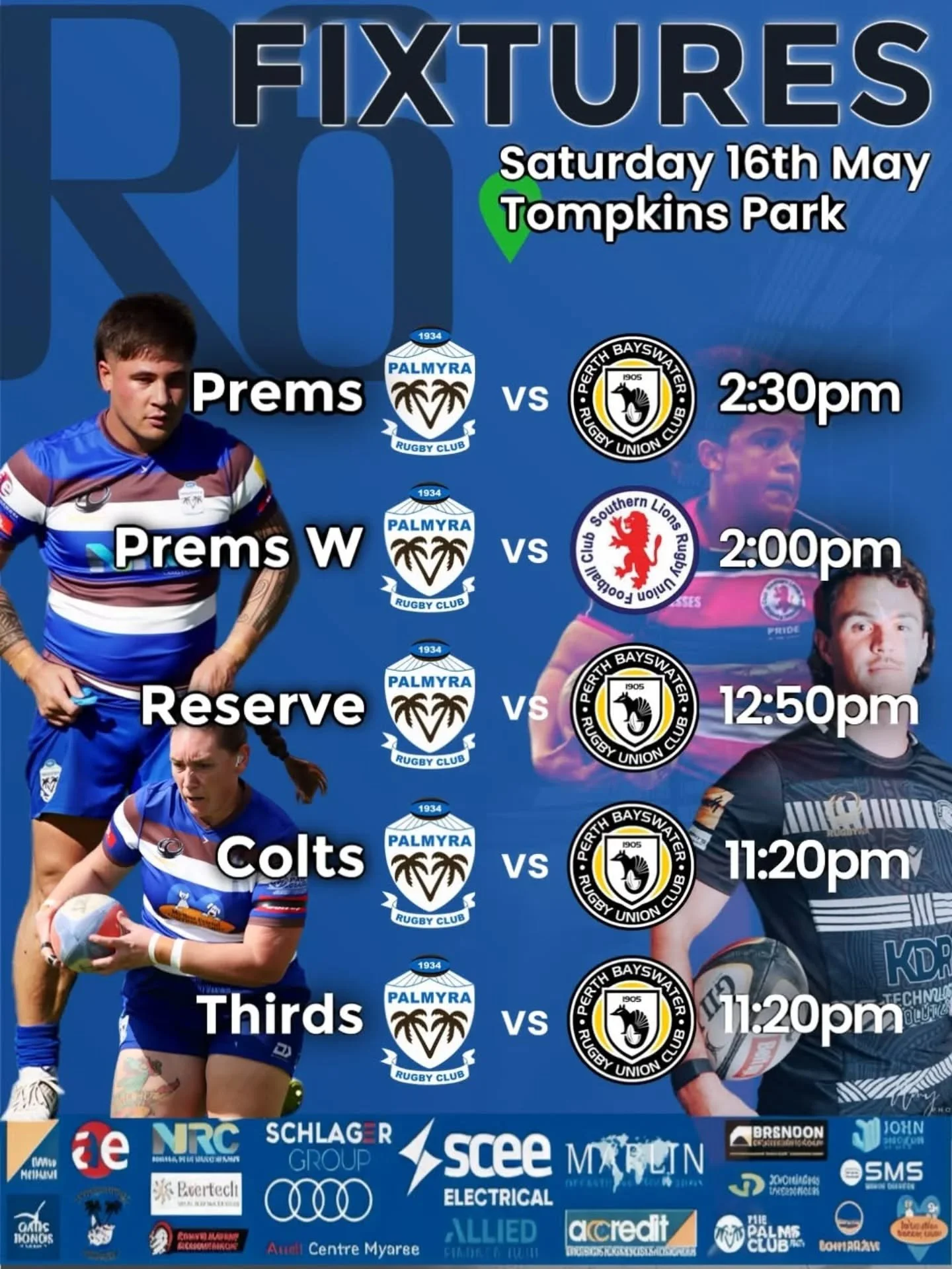 Round 6. 🏉

We&rsquo;re back home at the Oasis this weekend as our Senior Men&rsquo;s teams take on Perth Bayswater, while our Premier Women face Southern Lions for Round 3.

Please note games have been scheduled earlier to allow everyone the chance