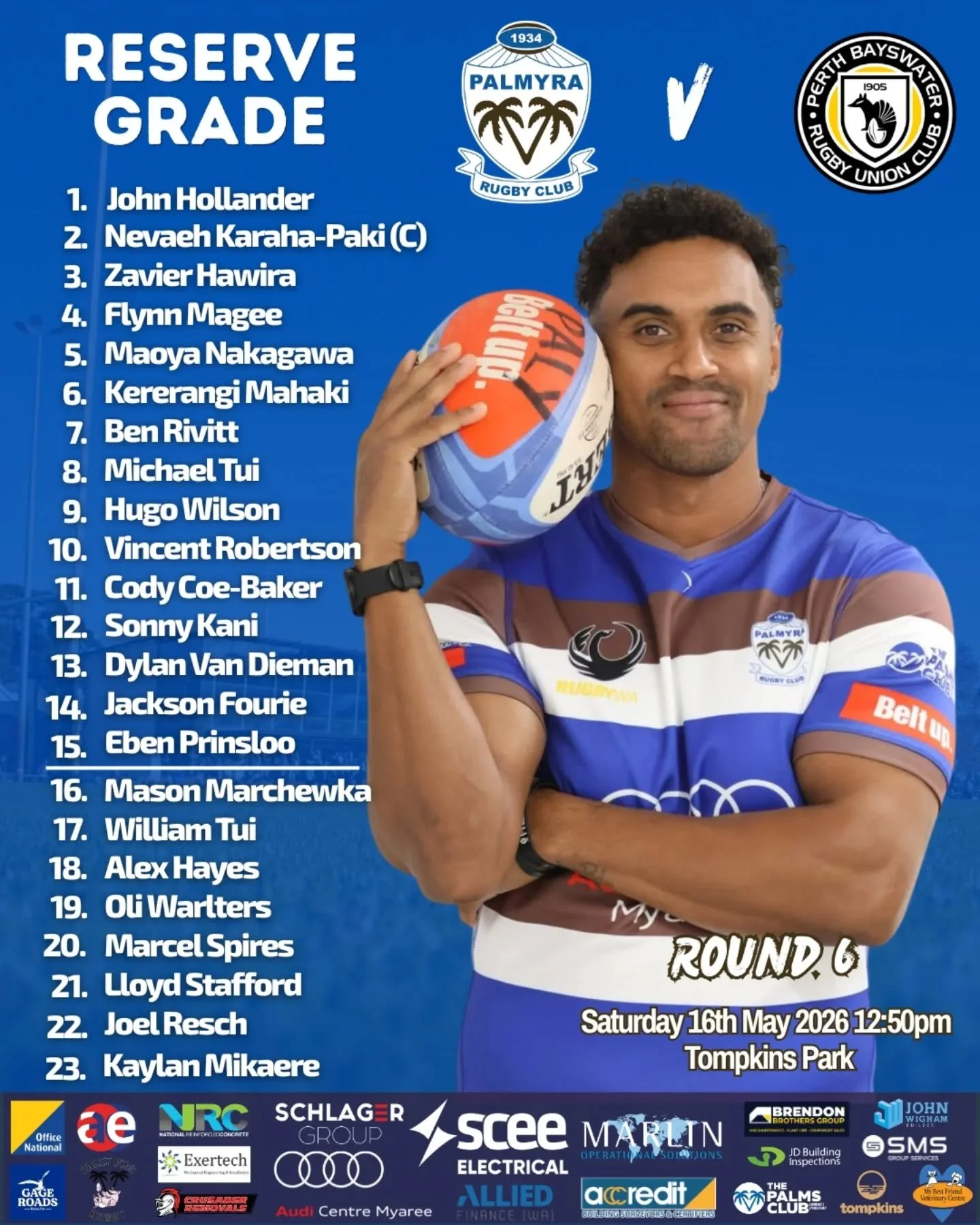 Round 6. Back home at the Oasis. 🏉

Our Senior Men&rsquo;s teams take on Perth Bayswater in another great day of rugby ahead.

See you down there. 

Thirds &mdash; TBC

#rock #UpThePalms #palmyrarugby