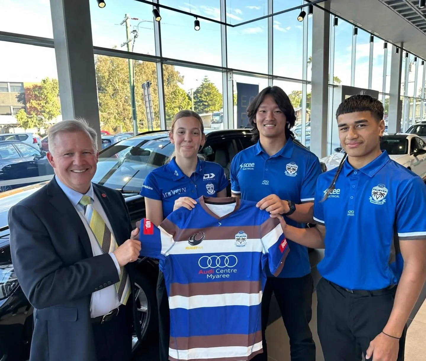 This week our Premier Grade players Trinity Lea, Ali Alatini, Maoya Nakagawa, along with Director of Rugby Mike Panoho, visited Audi Centre Myaree to meet Richard Hewes and present a club jersey.

Palmyra Rugby Club is proud to have Audi Centre Myare