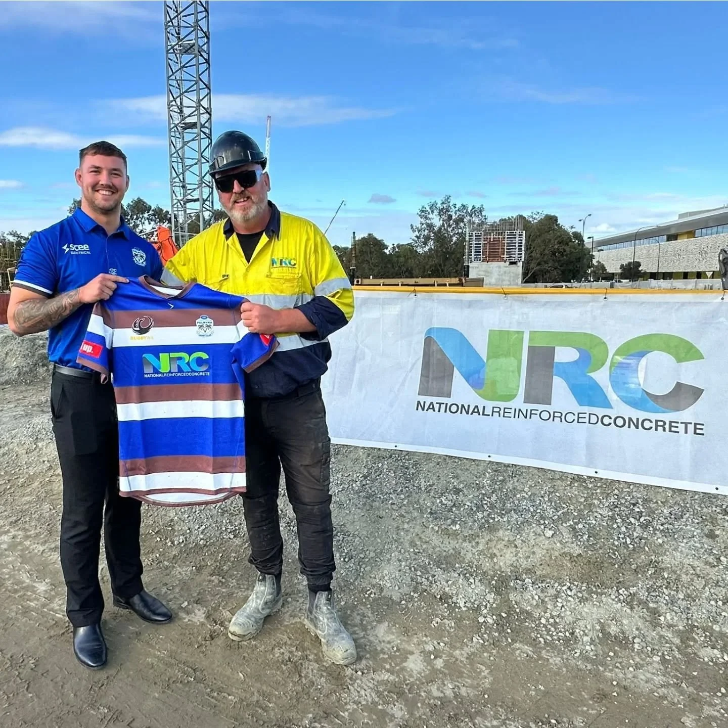 On Friday, 15 May, Callum Browne and Jordan Kohler from the Palmyra Rugby Union Club Premier Grades visited the team at National Reinforced Concrete (NRC) on site in Murdoch.

NRC specialise in detailed earthworks, formwork, reinforcing fixing, PT an