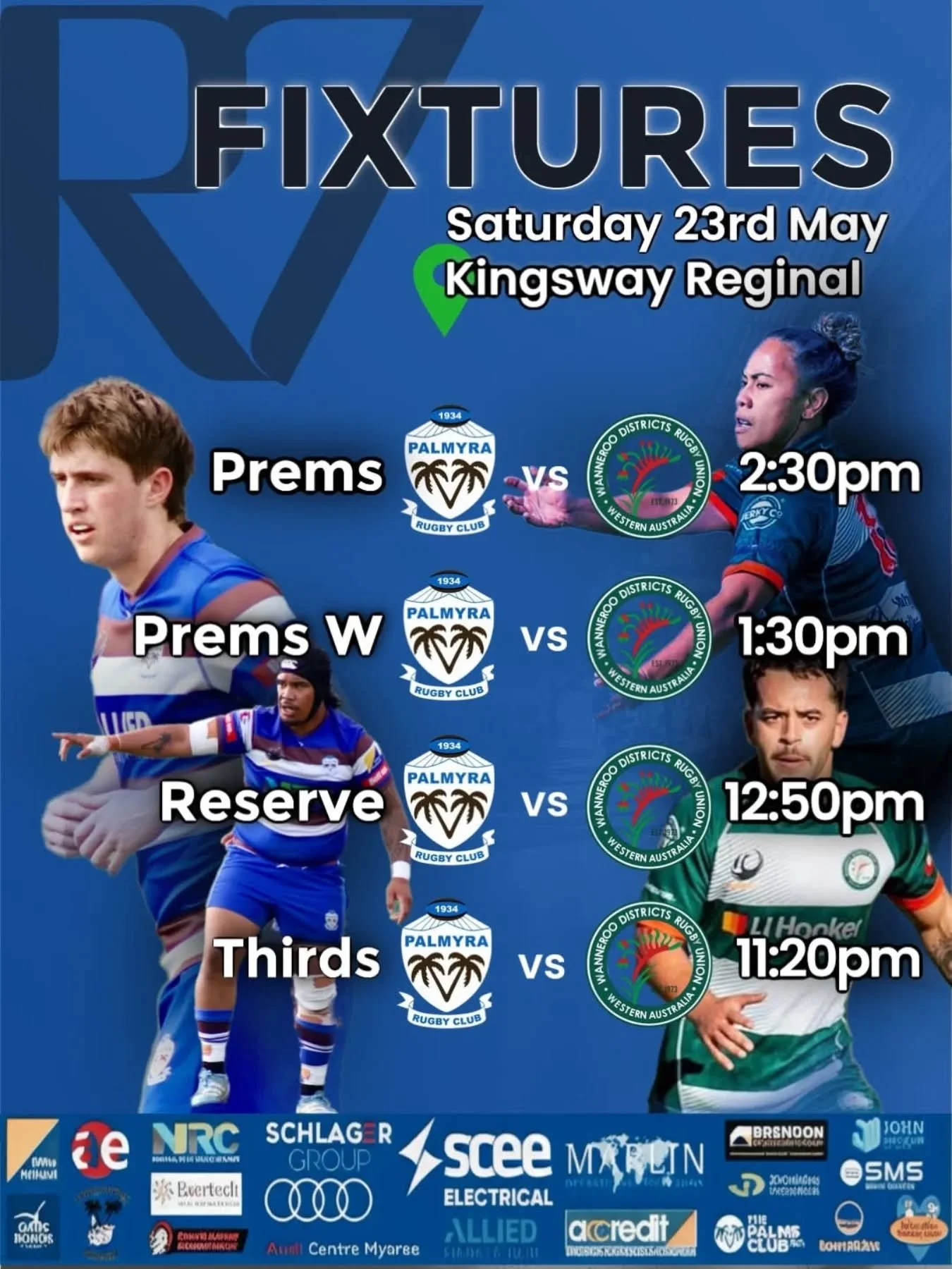 Round 7 🏉

Our Senior teams are on the road this week, heading to The Kennel to take on Wanneroo.

Get up to Kingsway Reserve and support the teams 💪
Colts have the bye.

#UpThePalms #ROCK #RugbyWA #PalmyraRugby