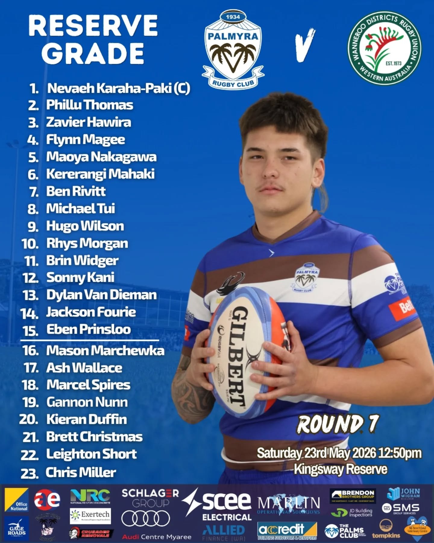 Round 7 is here.

Your Reserves and Thirds teams to take on Wanneroo at the Kennel. 

Colts have the bye. 

#rock #UpThePalms ##PalmyraRugby #RugbyWa