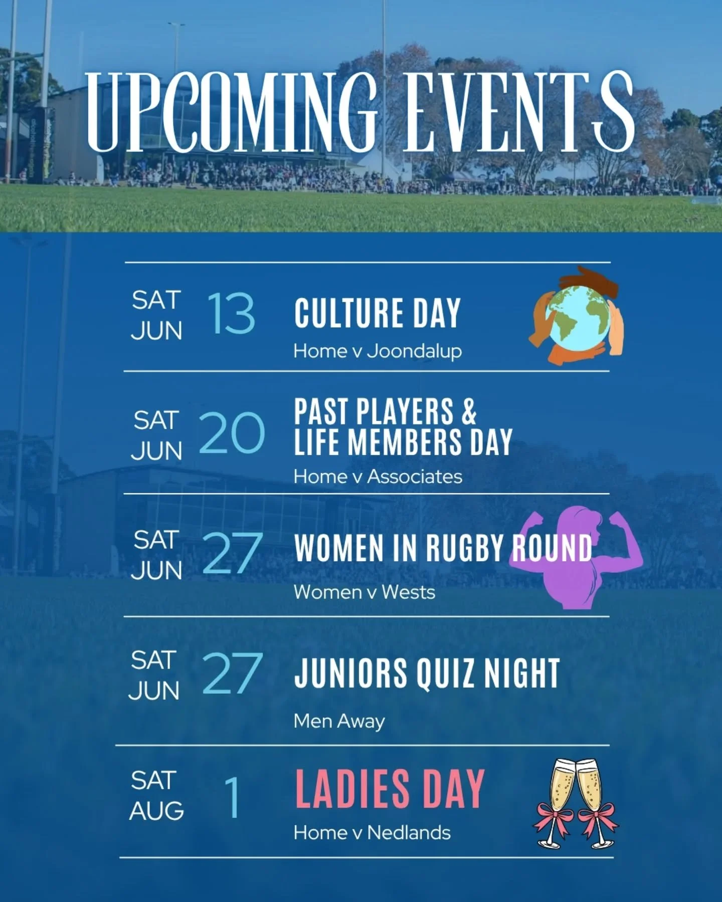 Mark your calendars!

There&rsquo;s plenty happening in the second half of the season, with some huge club events still to come! 

Get around the club and make sure you don&rsquo;t miss out!

#womeninrugby #communityrugby #Rock #upthepalms