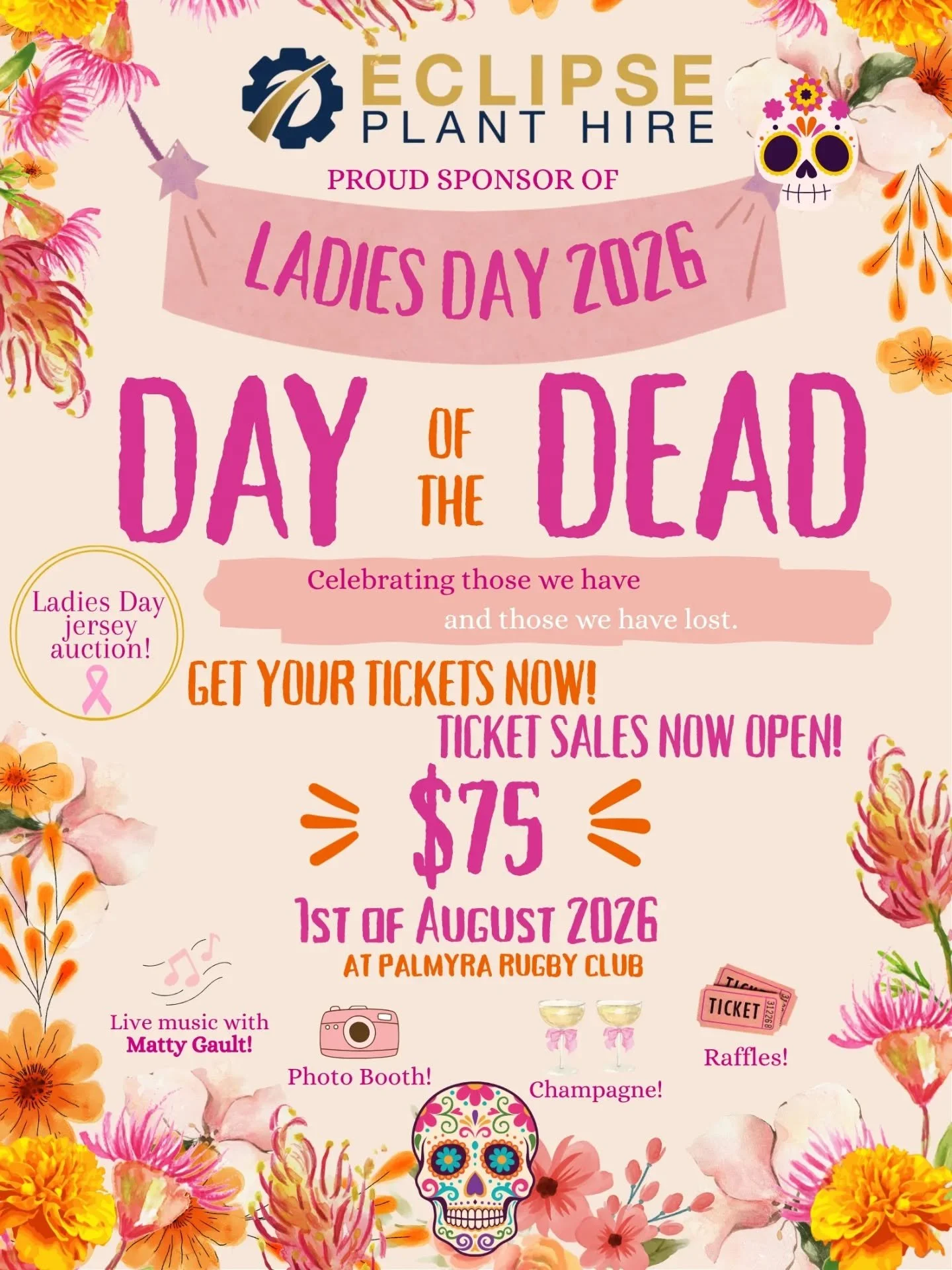 🌺⭐️ LADIES DAY 2026 &ndash; TICKETS ON SALE NOW! ⭐️🌺

🎟️ https://www.trybooking.com/DMTBG

Gather the girls and join us for one of the biggest events on the Palmyra Rugby Club social calendar!

This year's theme is Day of the Dead &mdash; a vibran