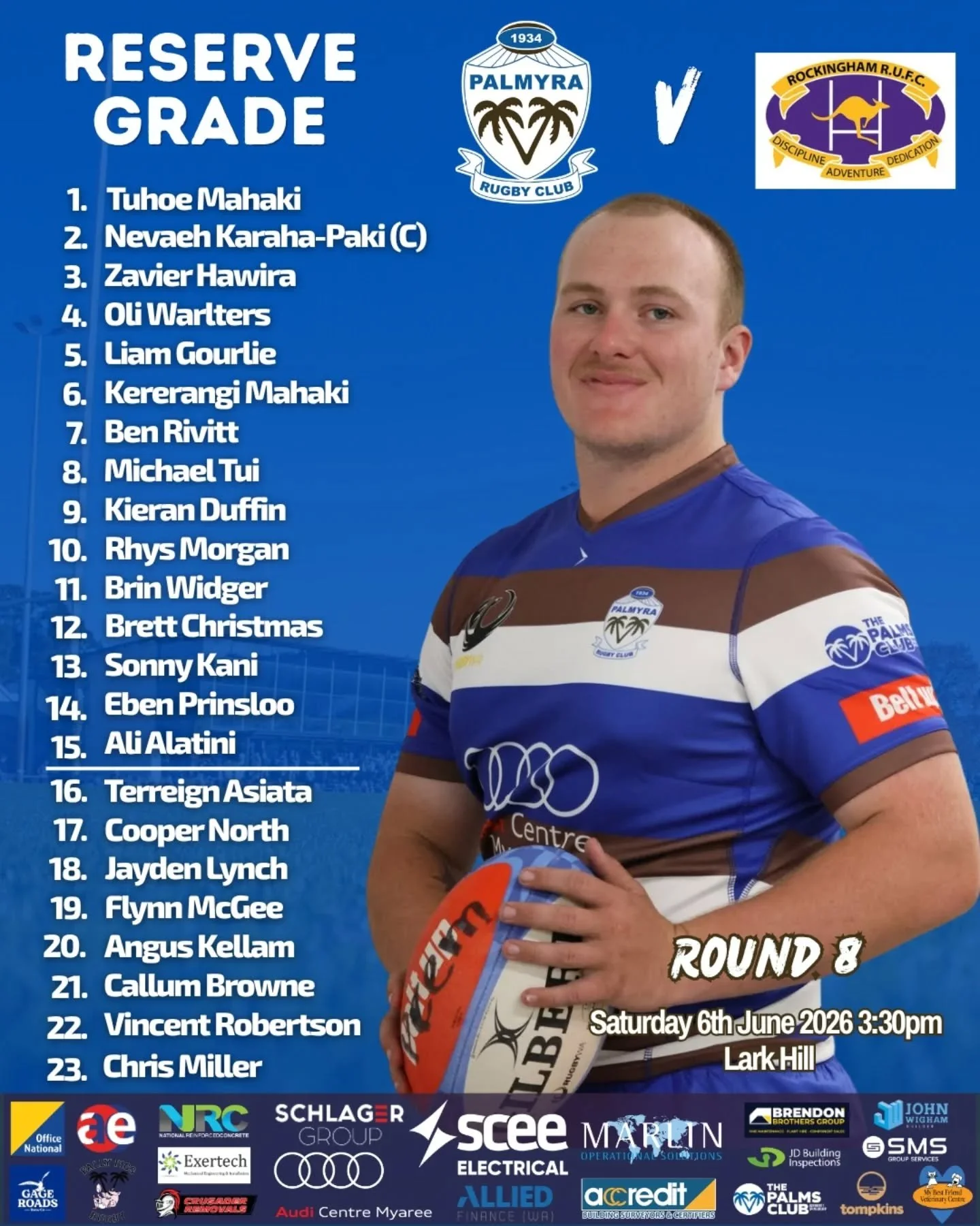 The teams are locked in for Round 8!

With our Premier Men and Premier Women enjoying the bye, attention turns to our Reserves, Thirds and Colts this weekend.

Our Reserves and Thirds travel to Lark Hill to take on Rockingham Rugby Union Club, while 