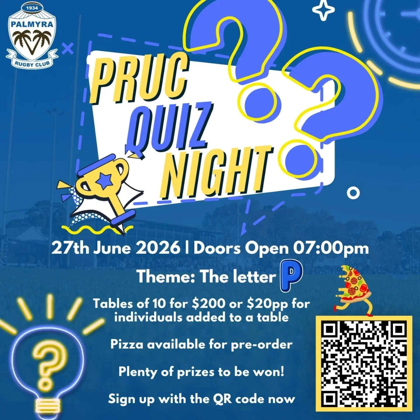 🧠🏉 PRUC QUIZ NIGHT IS HERE! 🏉🧠

Get your mates together and join us for one of the biggest whole-club fundraisers of the year!

📅 Saturday, 27 June 2026
🚪 Doors Open: 7:00pm
📍 Tompkins Park Clubrooms
🎭 Theme: The Letter "P"

💰 Tabl
