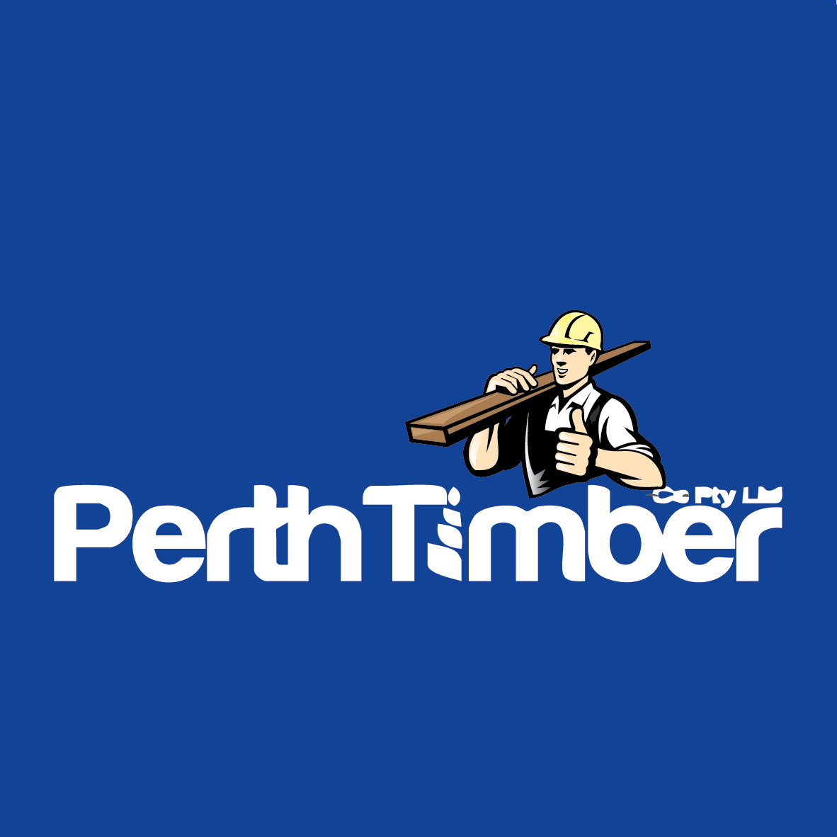 Logo of Perth Timber featuring a construction worker holding a wooden beam and giving a thumbs up, set against a blue background.