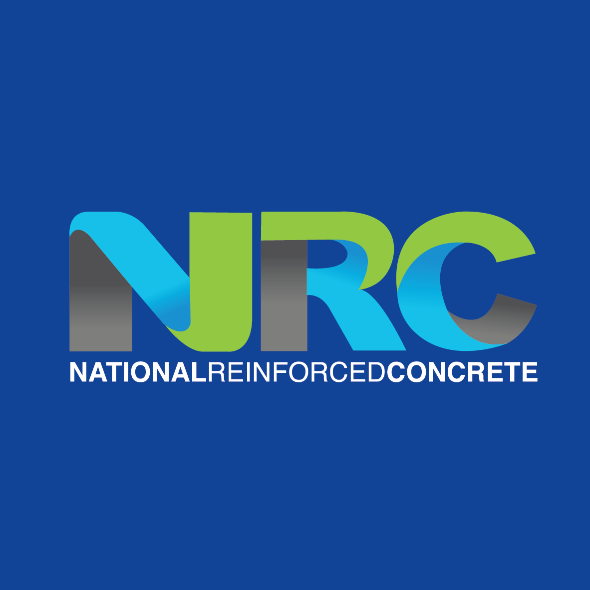 Logo for National Reinforced Concrete with NRC acronym in blue and green on a blue background.