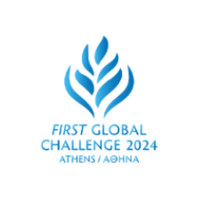 Logo for the First Global Challenge 2024 in Athens Greece, featuring a blue flame design and text.