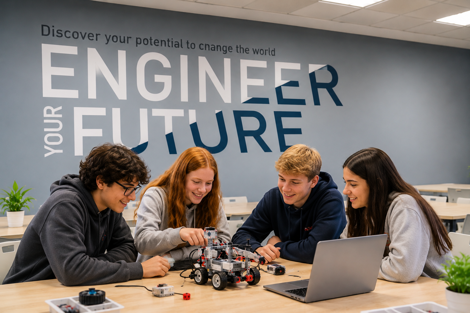Four students working on a robotics project at a table in a classroom, with a laptop and robot parts. A wall in the background displays the words 'Discover your potential to change the world,' 'Engineer,' 'Future,' and 'Your'.
