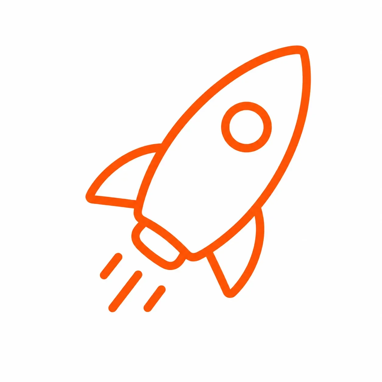 Orange outline drawing of a rocket taking off with flames beneath it, on a white background.