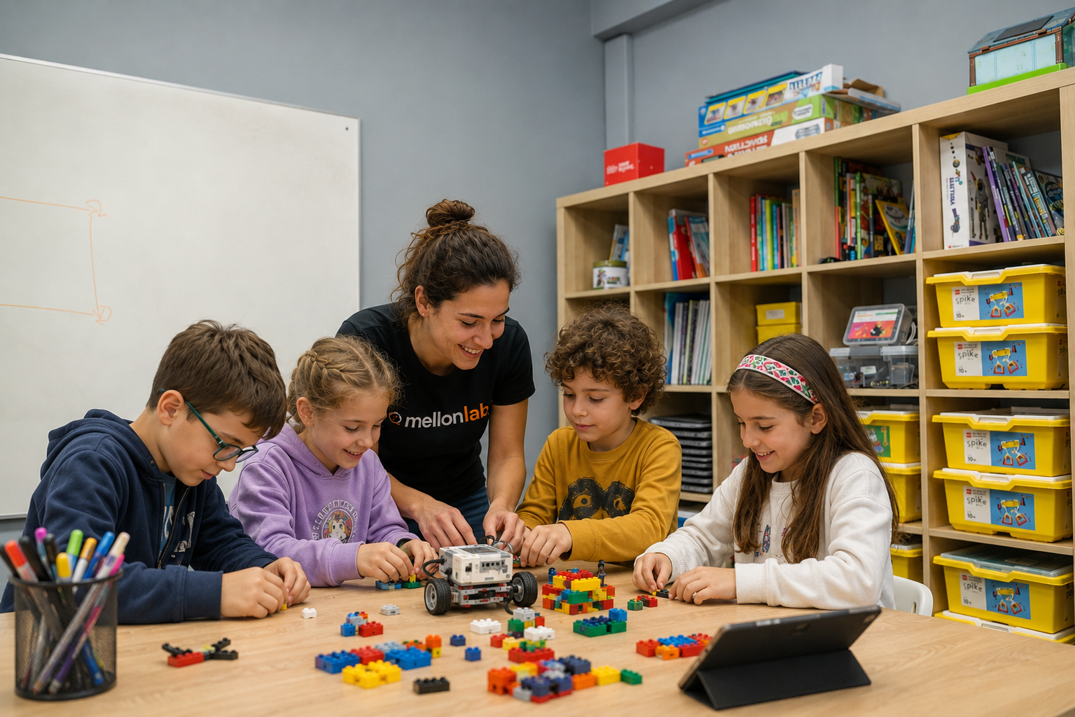 Group of children building with LEGO bricks and a robot in a classroom with shelves of books and toys.