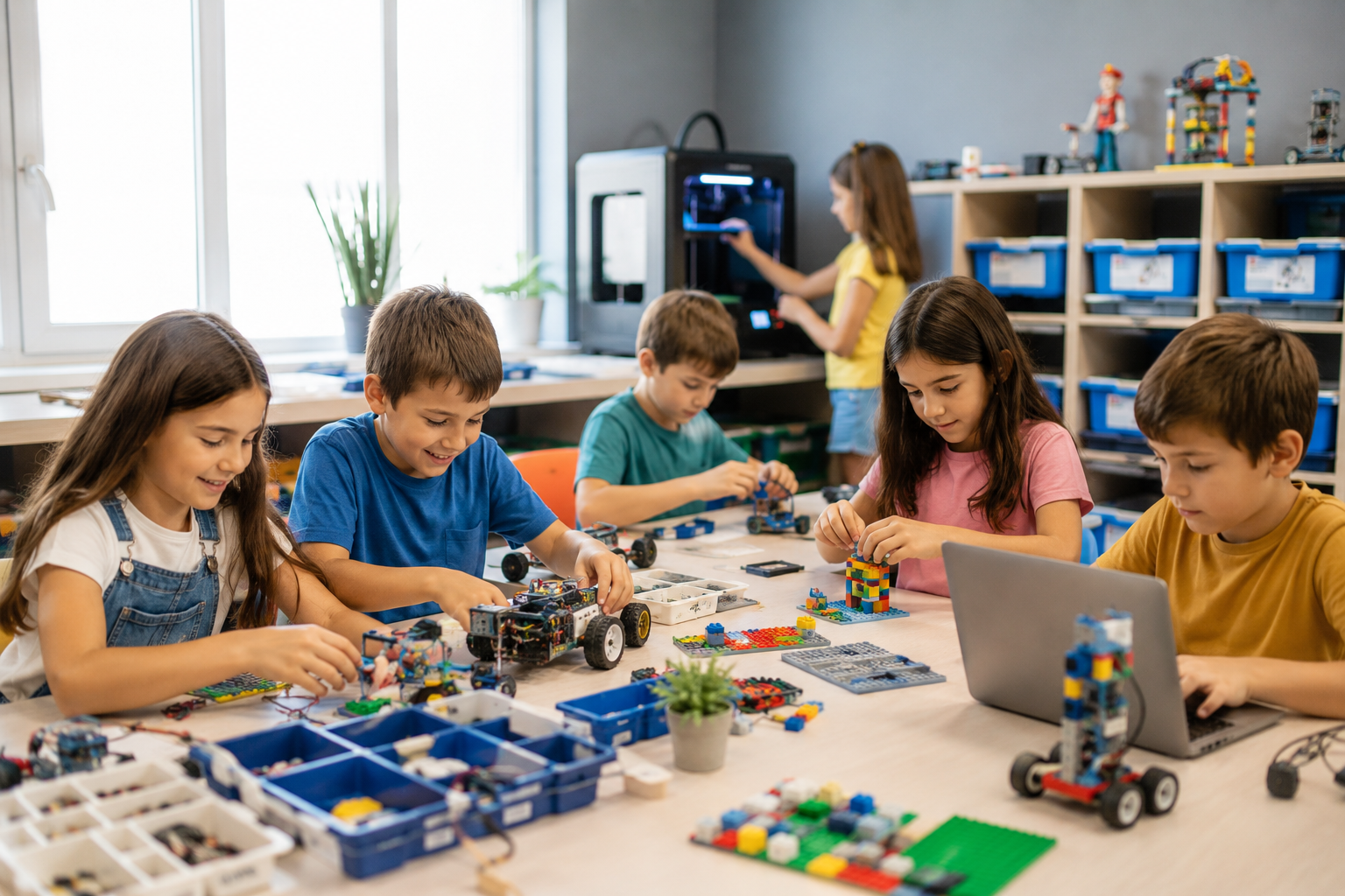 Children working with LEGO robotics projects in a classroom, with a 3D printer in the background and shelves with blue bins.