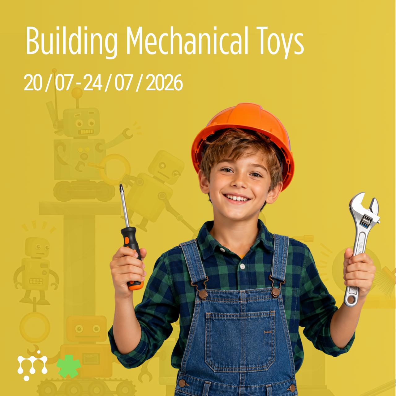 A young boy wearing a baseball cap and overalls holding a screwdriver and wrench, smiling against a yellow background with robot illustrations.