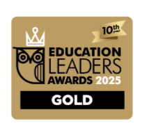 Gold badge for Education Leaders Awards 2025, 10th edition, featuring a shield emblem and a crown.