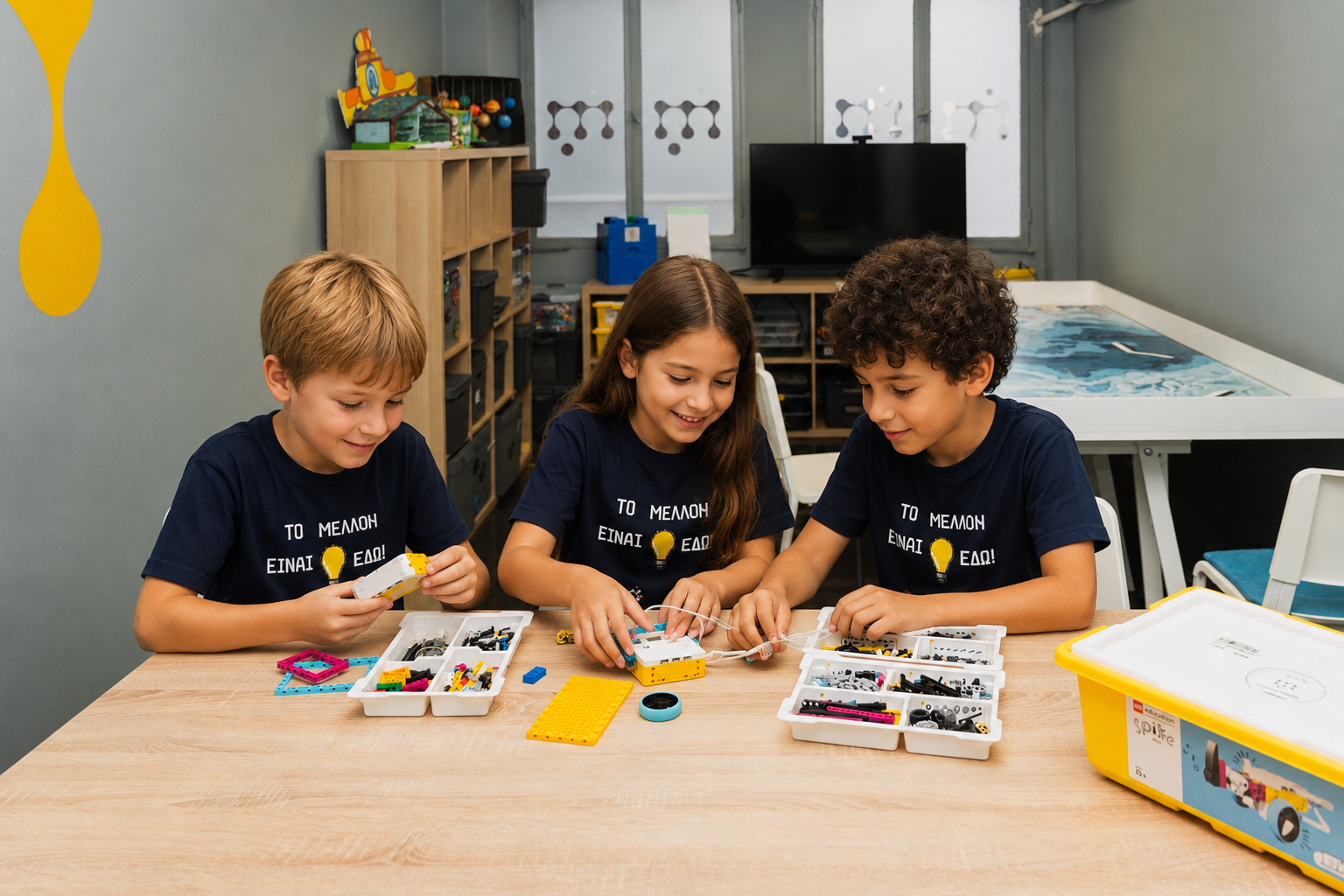 Three children working on a LEGO robotics project at a table in a classroom, with containers of LEGO pieces and a yellow LEGO box nearby.