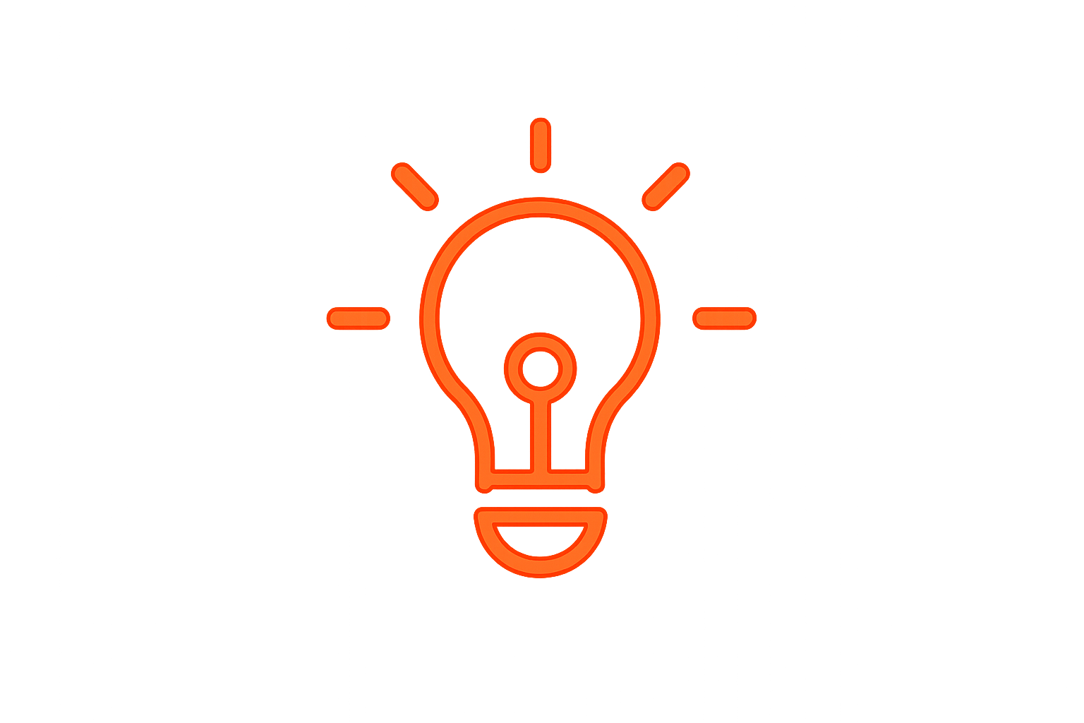 Neon orange light bulb icon on black background with light rays radiating from it, symbolizing an idea or innovation.