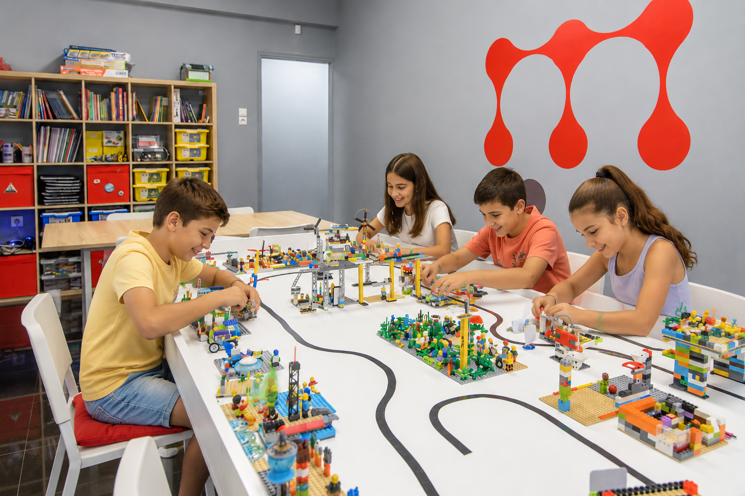 Four children are playing with LEGO bricks on a large table, building a city with roads and structures, in a classroom with shelves of colorful supplies and a wall with a red abstract mural.