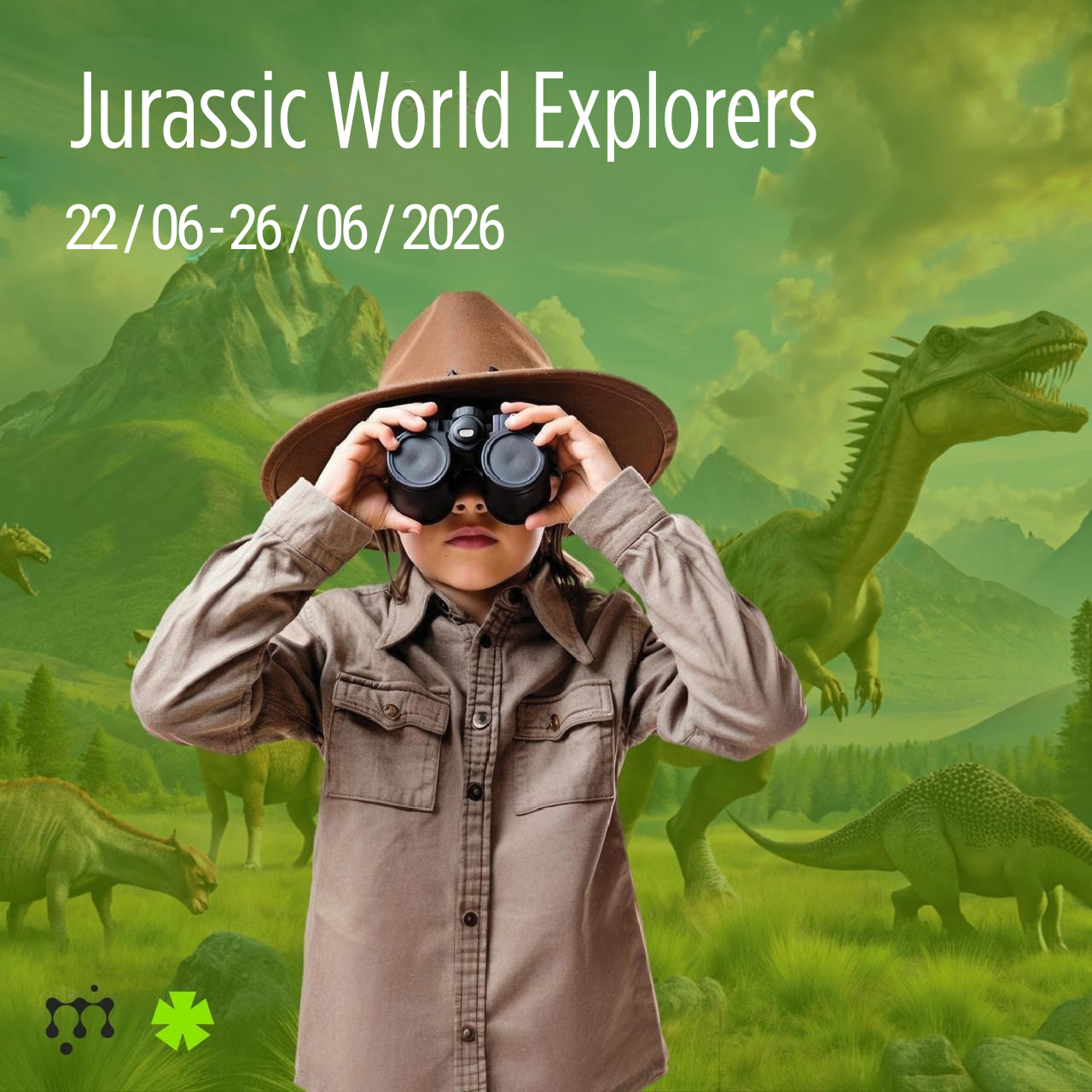 A young child dressed as an explorer with a brown hat and khaki shirt holding binoculars to their eyes, set against a dinosaur-filled prehistoric landscape with mountains and lush greenery.