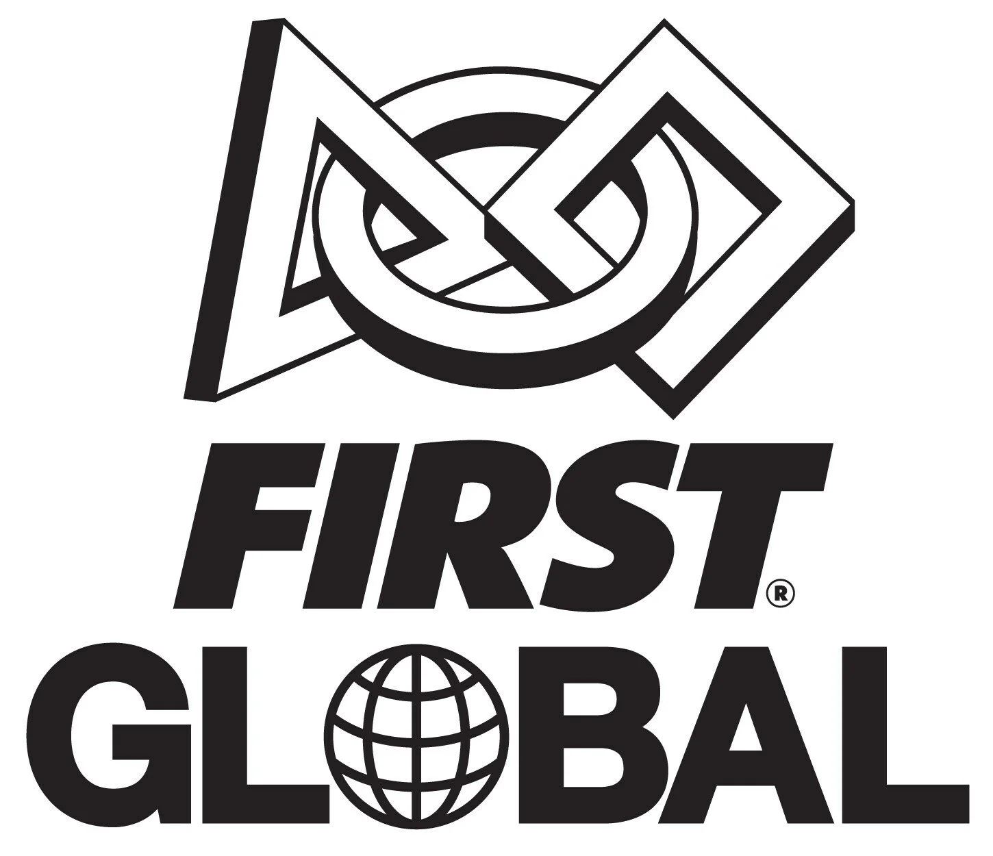 Black and white logo for First Global with stylized globe and geometric shapes.