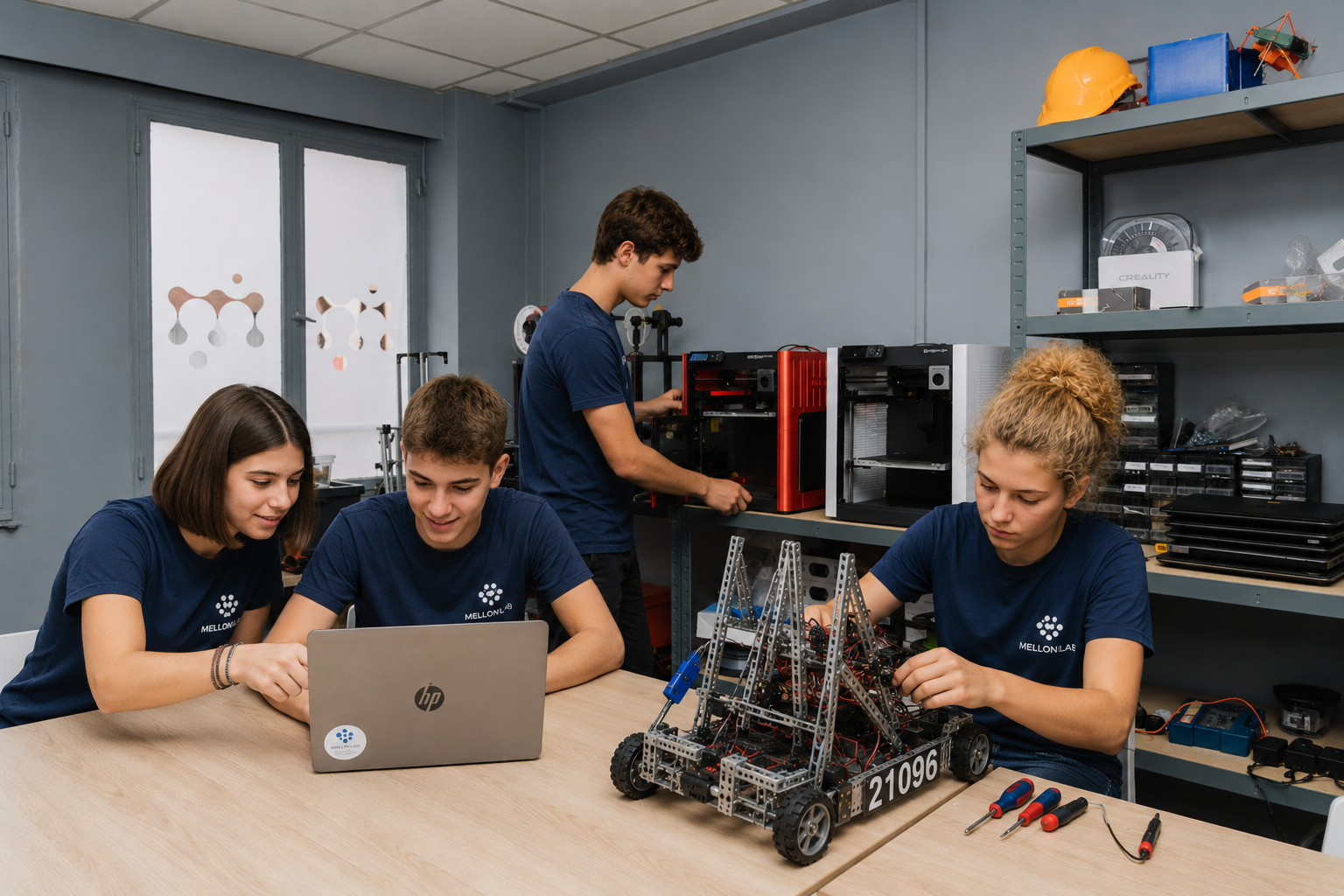 Four teenagers working on robotics project in a workshop, with three of them seated at a table, one working on a 3D printer, and a robot on the table.