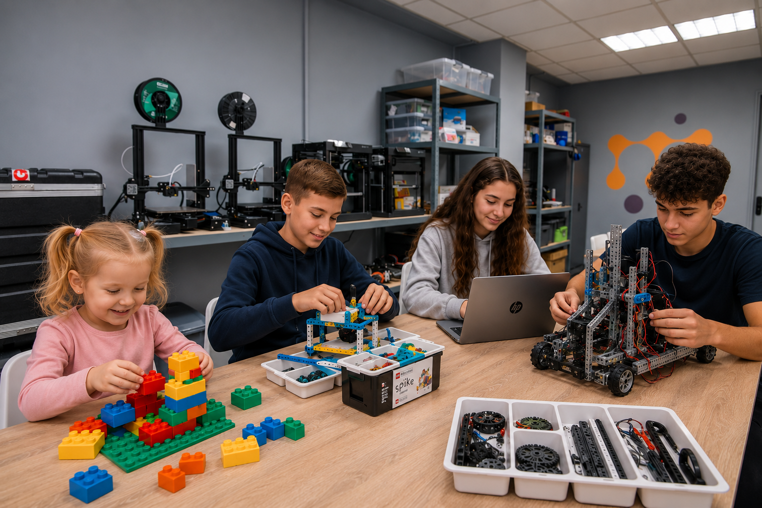 Four children working on building and programming robots with Lego and electronic parts at a workshop table.