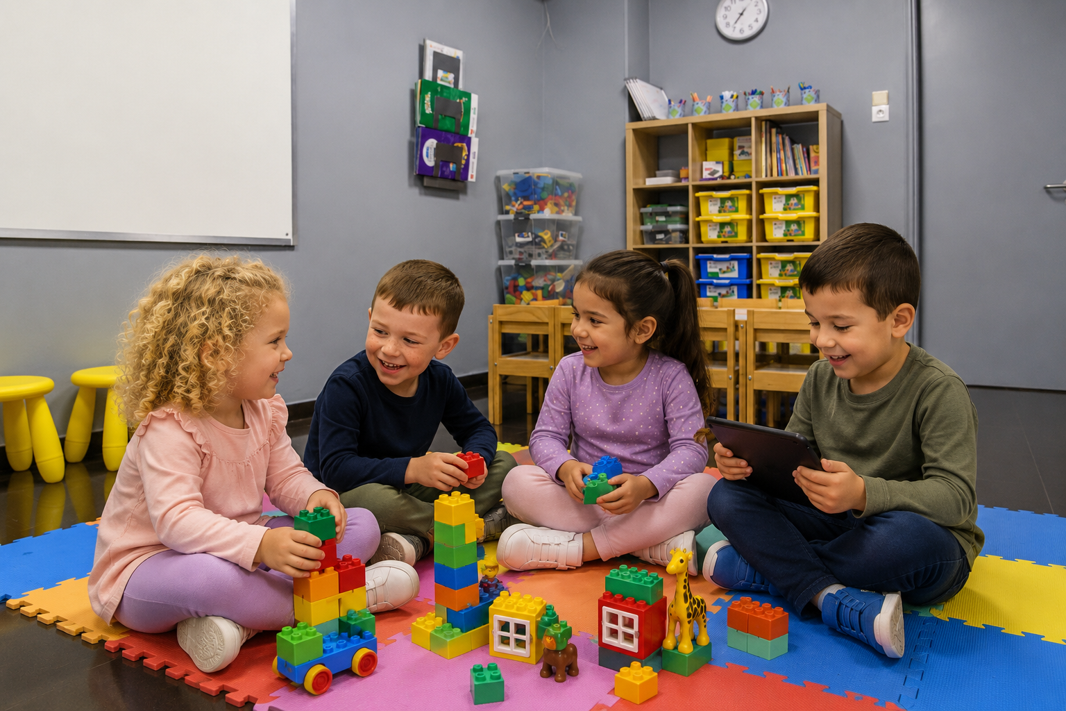 Four children sitting on a colorful foam mat, playing with building blocks and toy animals in a classroom.