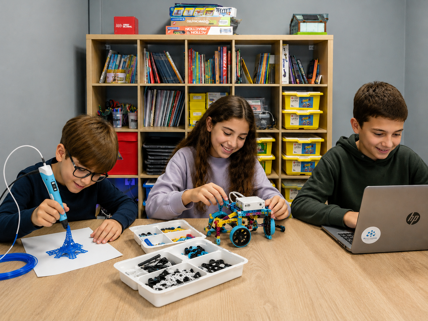 Three children seated at a table building with robotics kits, with a background of a shelving unit filled with books, game boxes, and storage bins.