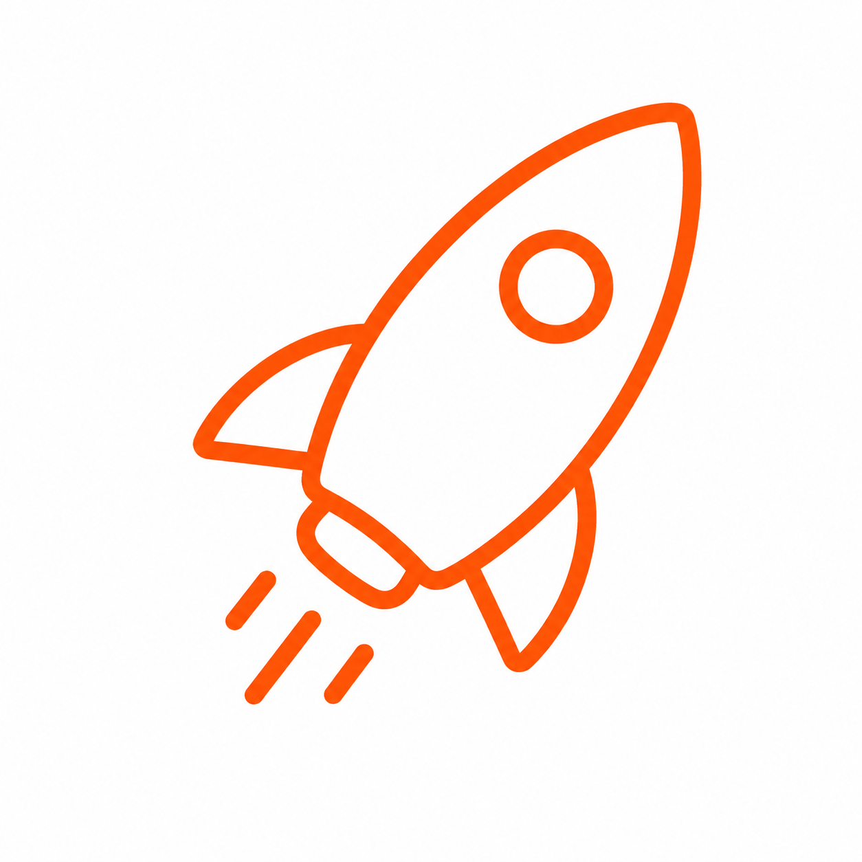 Orange outline drawing of a rocket taking off with flames beneath it, on a white background.