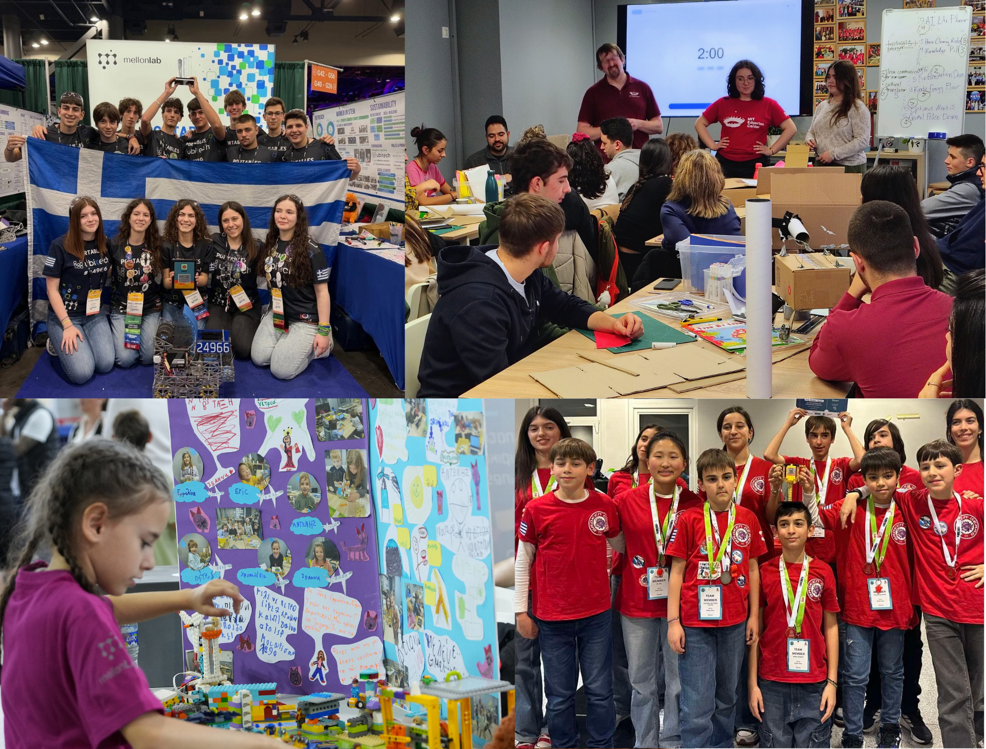 A collage of four images from a robotics competition event. The top left shows a group of young students holding a Greek flag and a medal, posing at their exhibition booth with a robot made of LEGO bricks. The top right shows a classroom or conference room where a presenter addresses a seated audience, with a large screen showing a timer. The bottom left features a girl working on a colorful poster display filled with drawings and pictures. The bottom right displays a group of young students wearing medals around their necks, smiling for a photo.