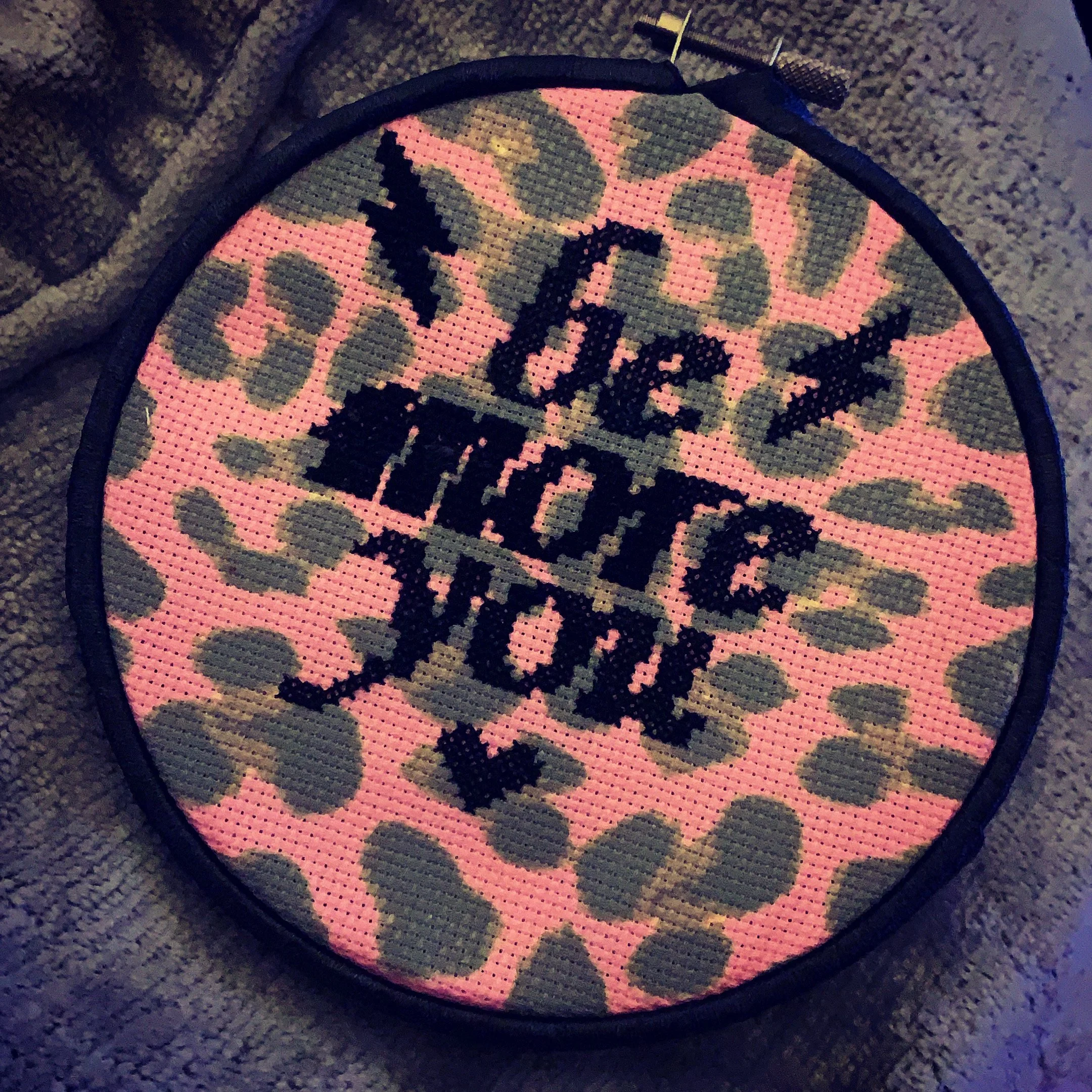 Colorful circular cross-stitch with green leaves and black text on pink background.