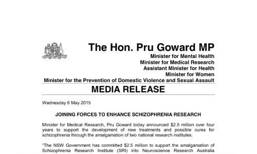 "JOINING FORCES TO ENHANCE SCHIZOPHRENIA RESEARCH" -&nbsp;The Hon. Pru Goward MP, 2015