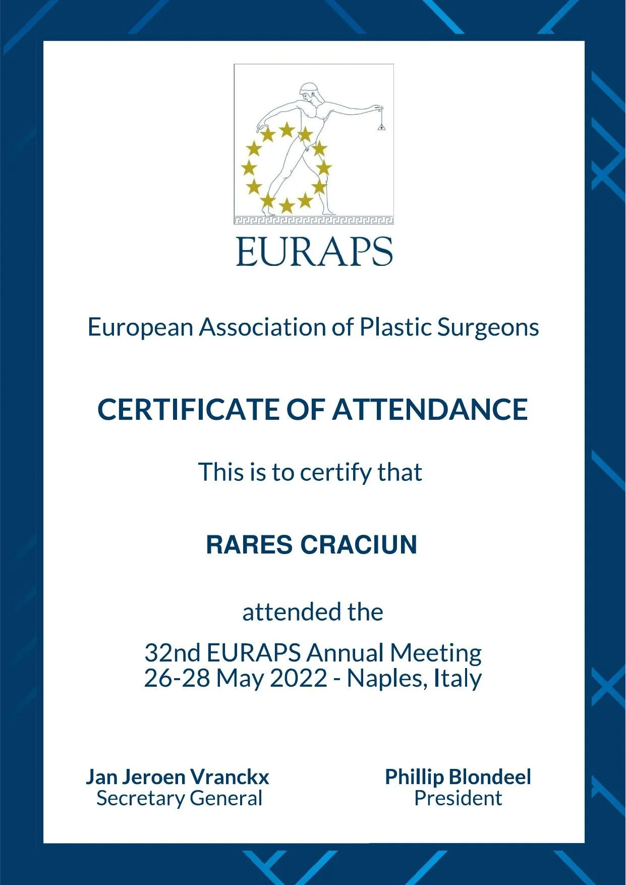Dr. Crăciun Rareș - EURAPS, Asociația Europeană a Chirurgilor Plasticieni, Napoli 2022