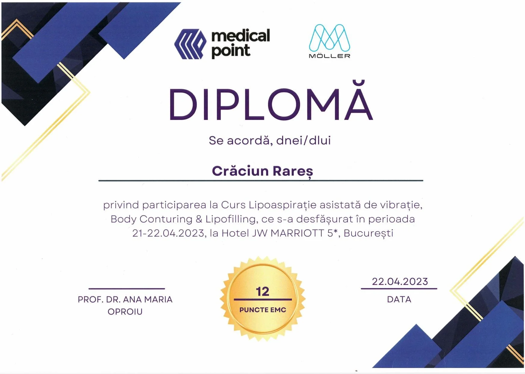 Dr. Crăciun Rareș - Curs Lipoaspirație asistată de vibrație și Lipofilling (Möller), București 2023 (12 credite EMC)