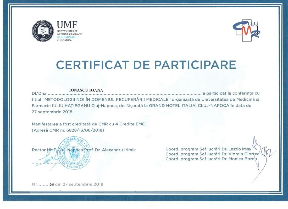 Dr. Ioana Ionașcu - Conferința „Metodologii noi în domeniul recuperării medicale" (UMF „Iuliu Hațieganu"), Cluj-Napoca 2018 (4 credite EMC)
